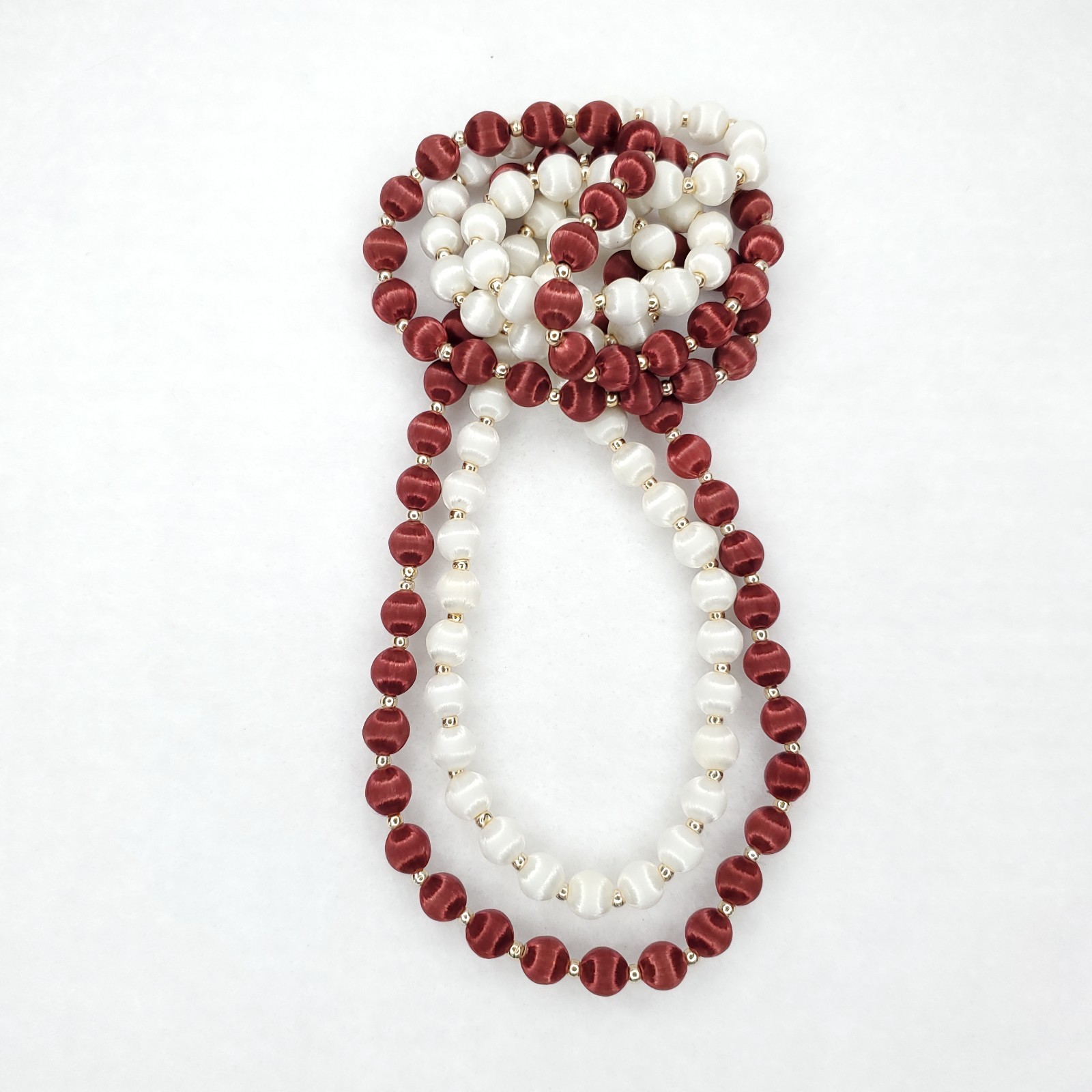 Vintage Satin Beaded Necklace White Burgundy Red Gold Tone 29″ 32″