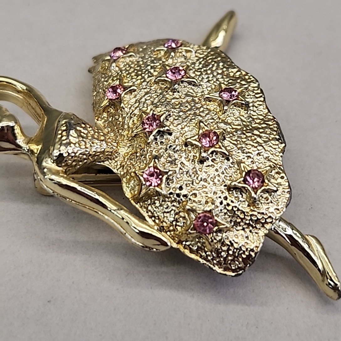 Vintage Ballerina Brooch Pink Rhinestones Gold Tone Speckled 1 5/8″