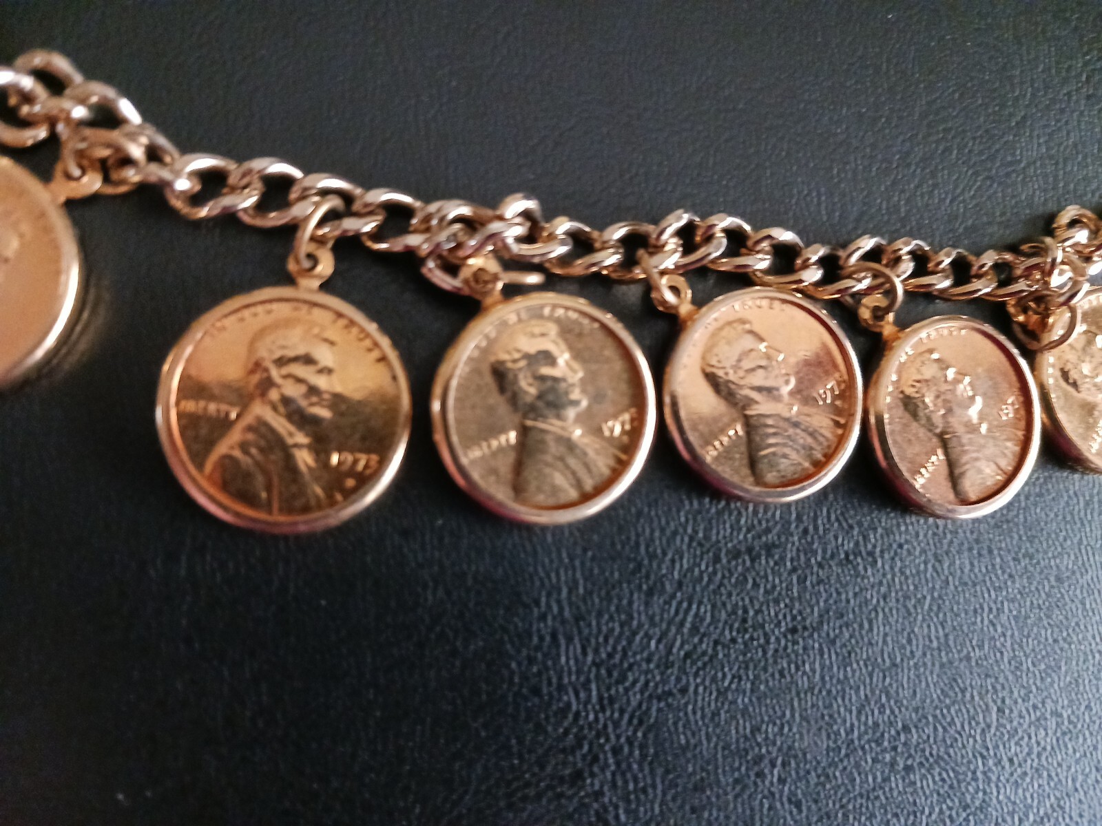 Goldtone Penny Coin Charm Bracelet 1973 Anniversary BIrthday Gift 6 Pennies