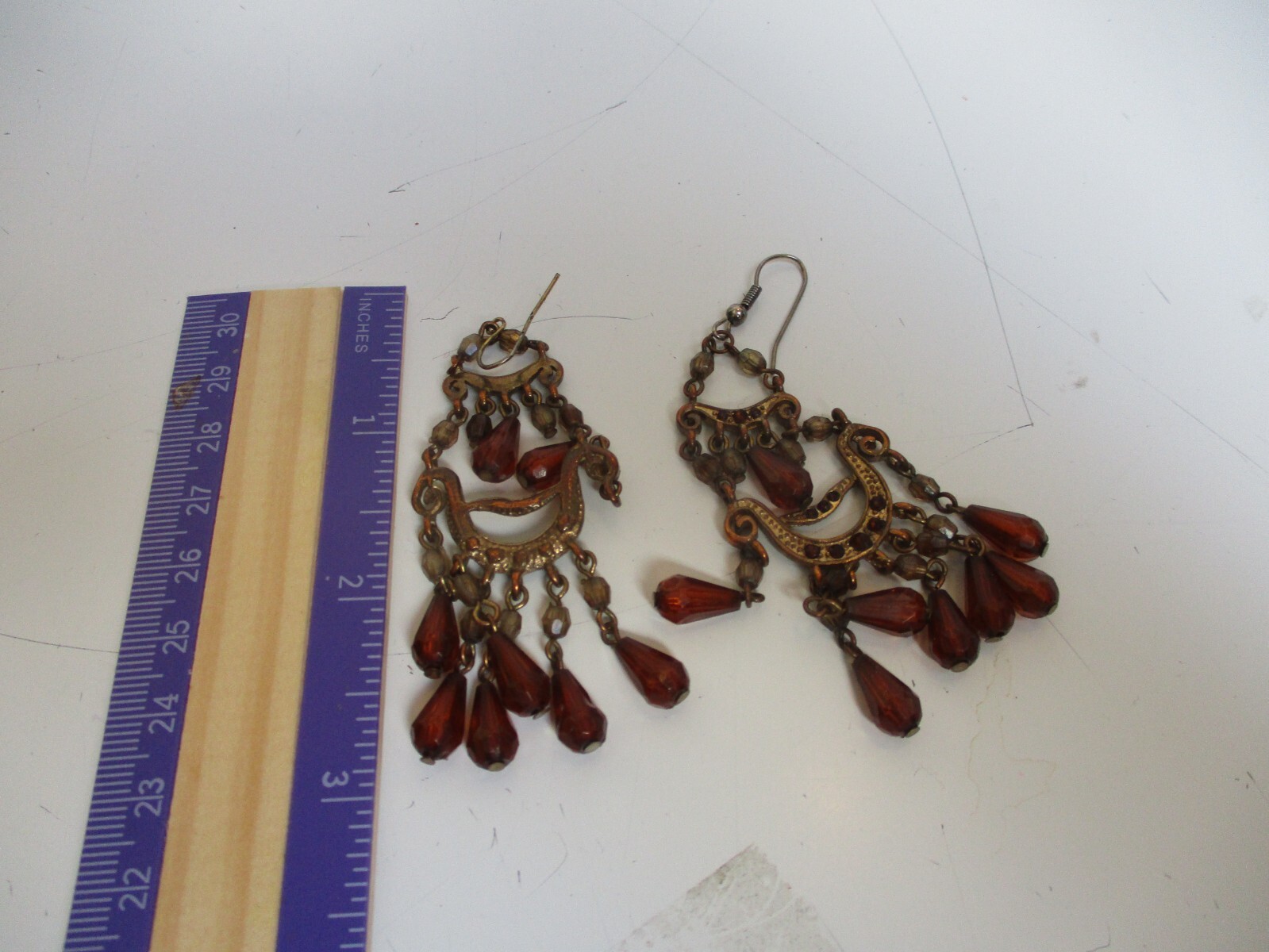 Vintage Bronze Color Dangle Hook Earrings w/ Brown Rhinestones & Bead Dangles