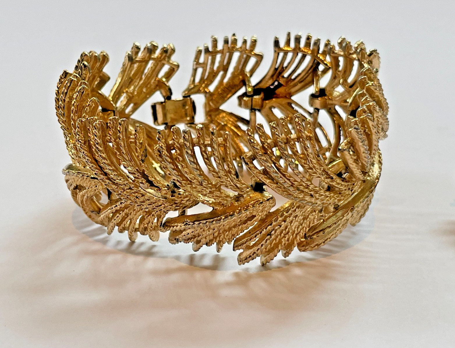 Vintage Gold Rope Twist Frond Bracelet & Clip Earring Set | 1960s