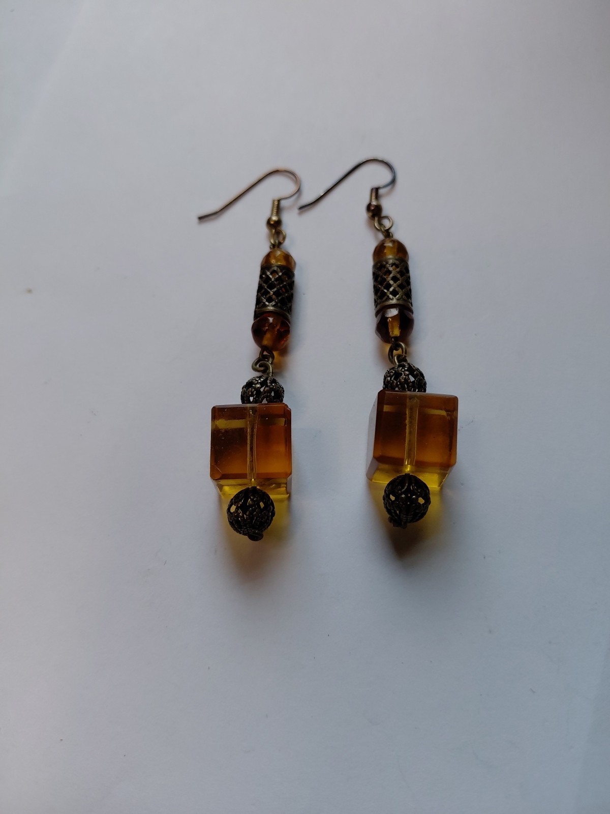 Estate Art Deco Ornate Brass Filigree and Amber Glass Drop Dangle Earrings
