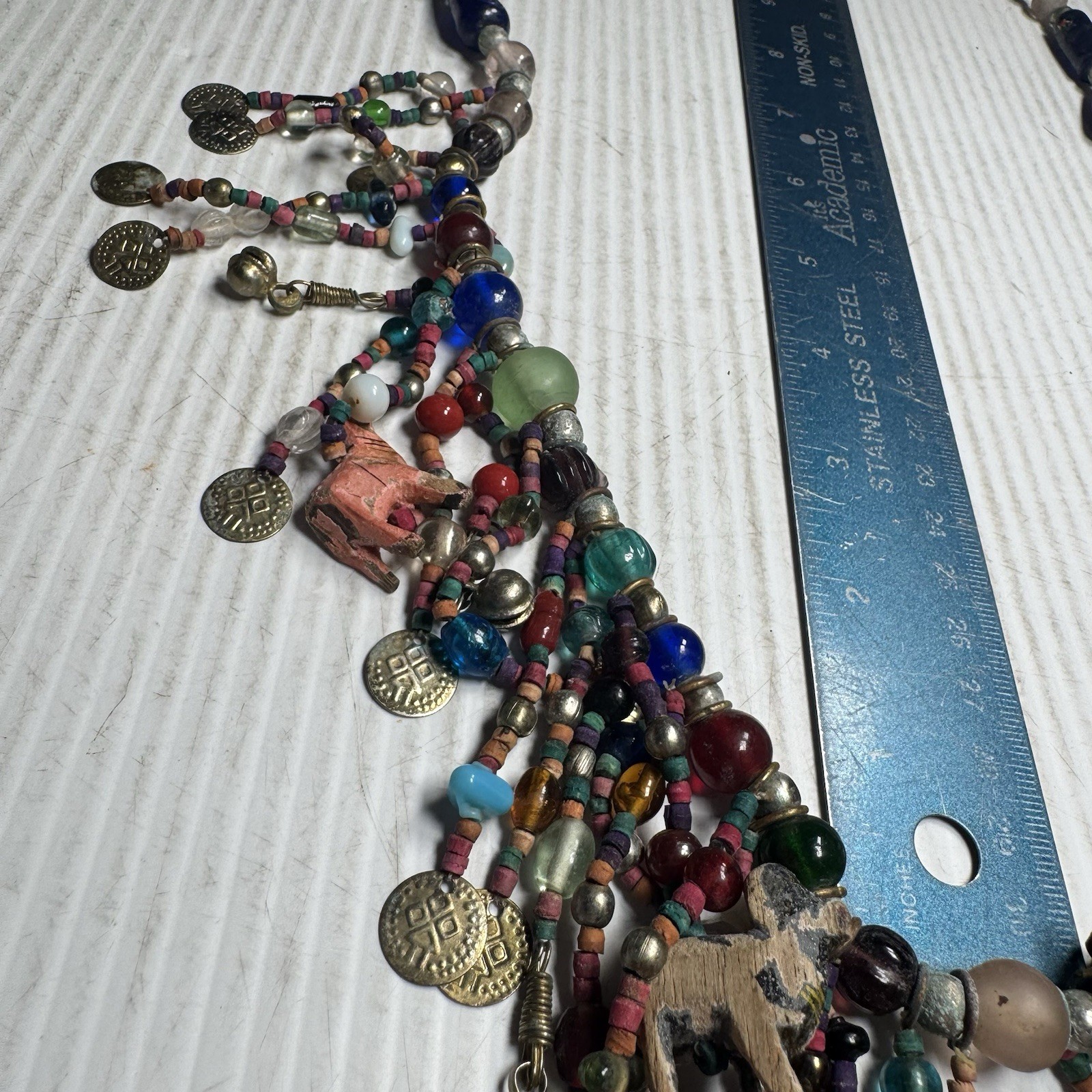 VTG Mid Century African Art Glass Bead and Animal Necklace Extra Long Need Work