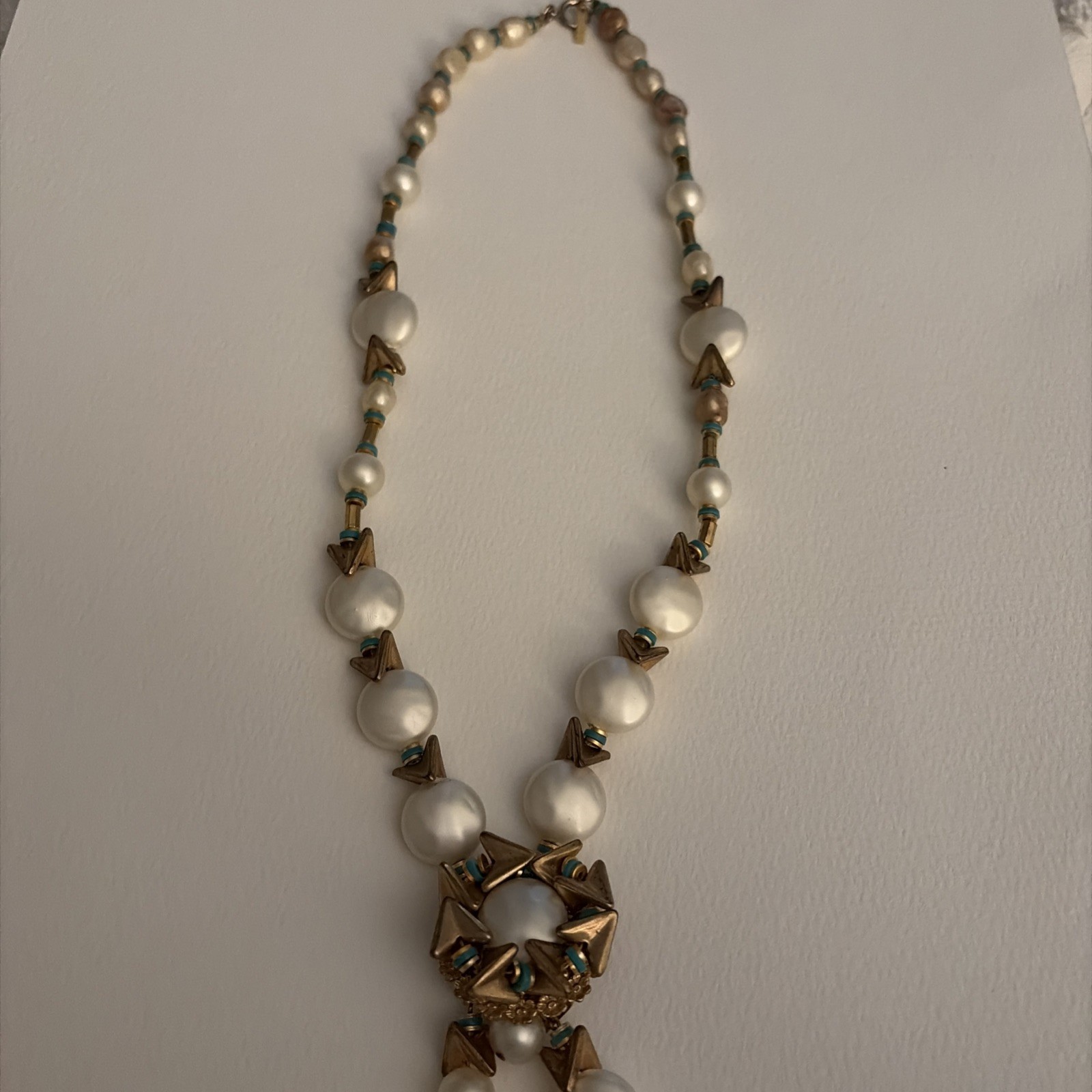 Vintage Statement, Necklace, Pearls Turquoise, And Gold Tone, 22 Inches signed