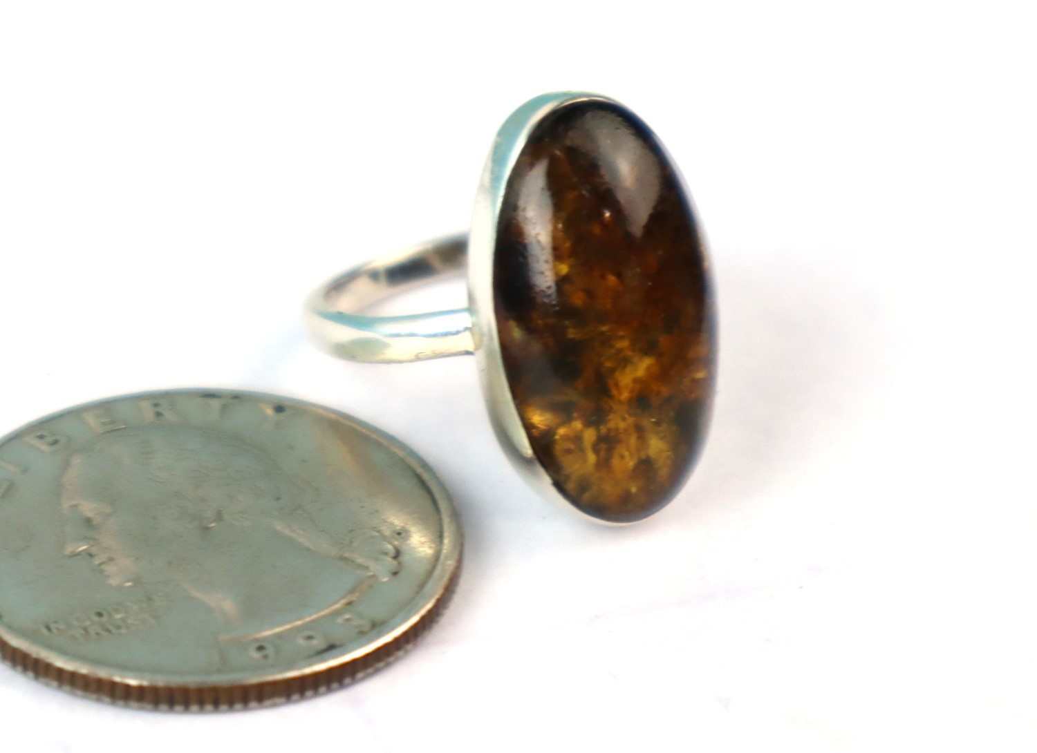 Natural Translucent Orange Blue Amber .925 Sterling Silver Ring #6 free resizing