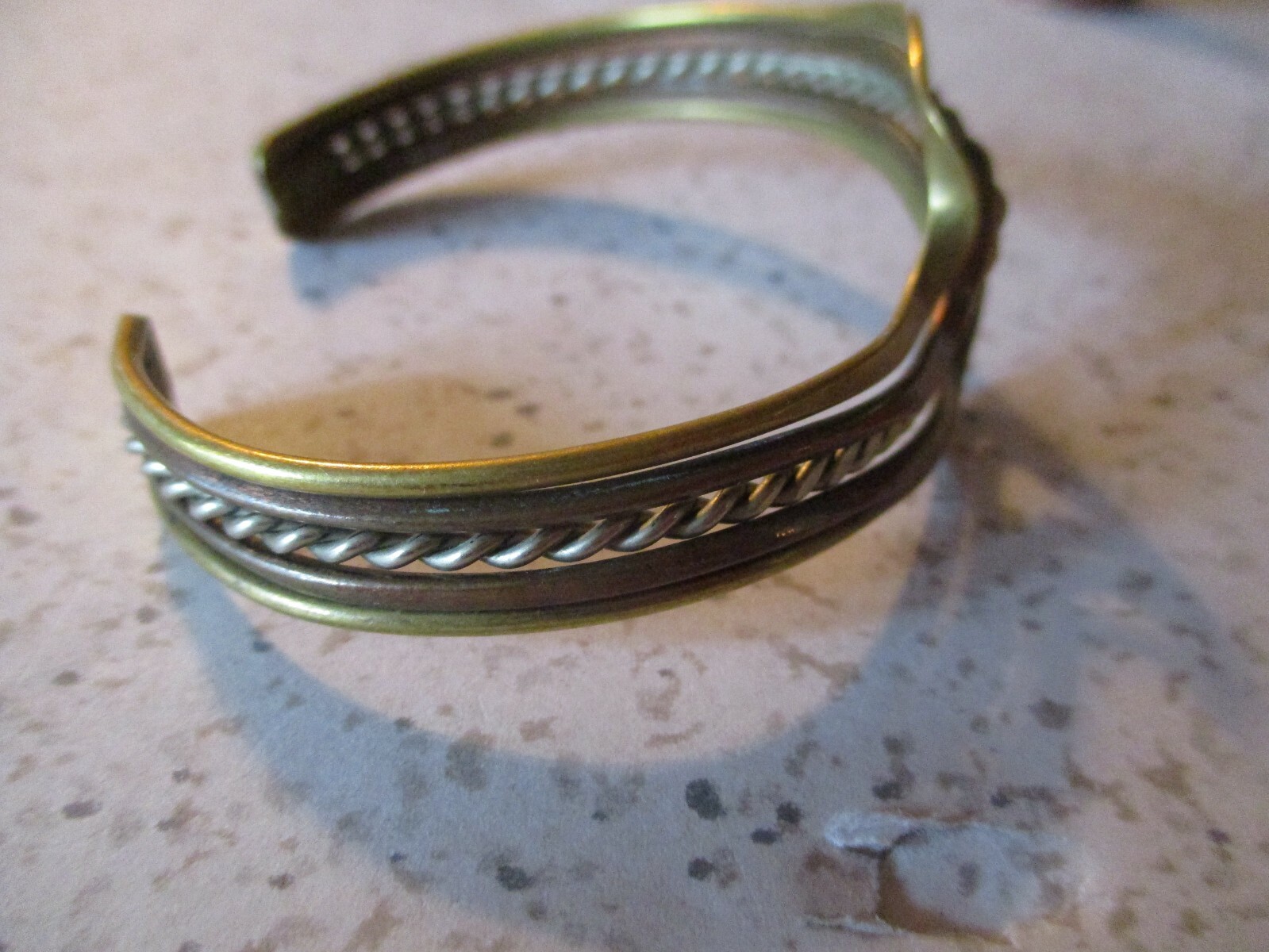 VINTAGE, CUFF BRACELET, COPPER, BRASS, TWISTED SILVERTONE, WAVE DESIGN, 2.25″ D