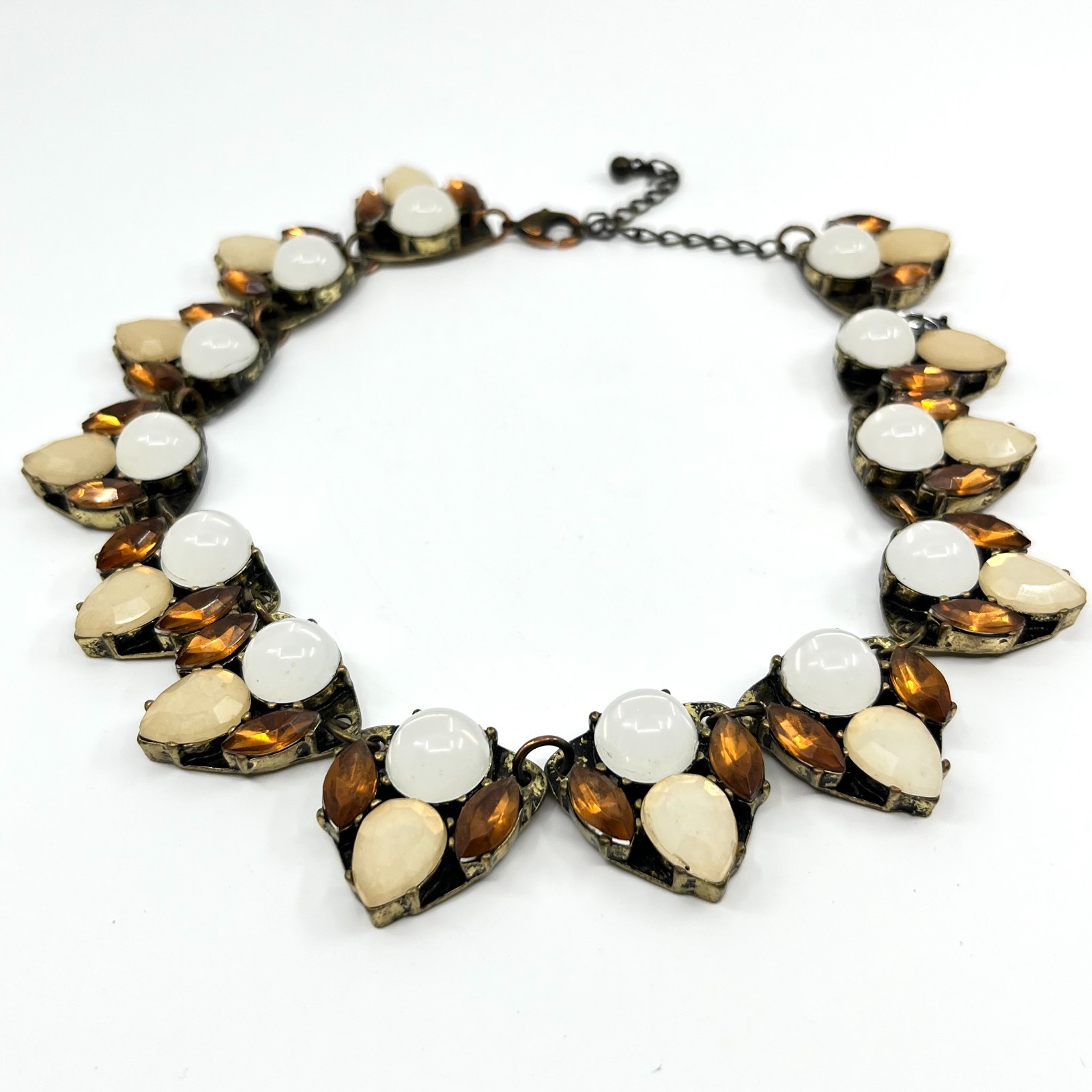 VTG Antique Gold Tone Multi-Stone Statement Collar Necklace Amber Cream White