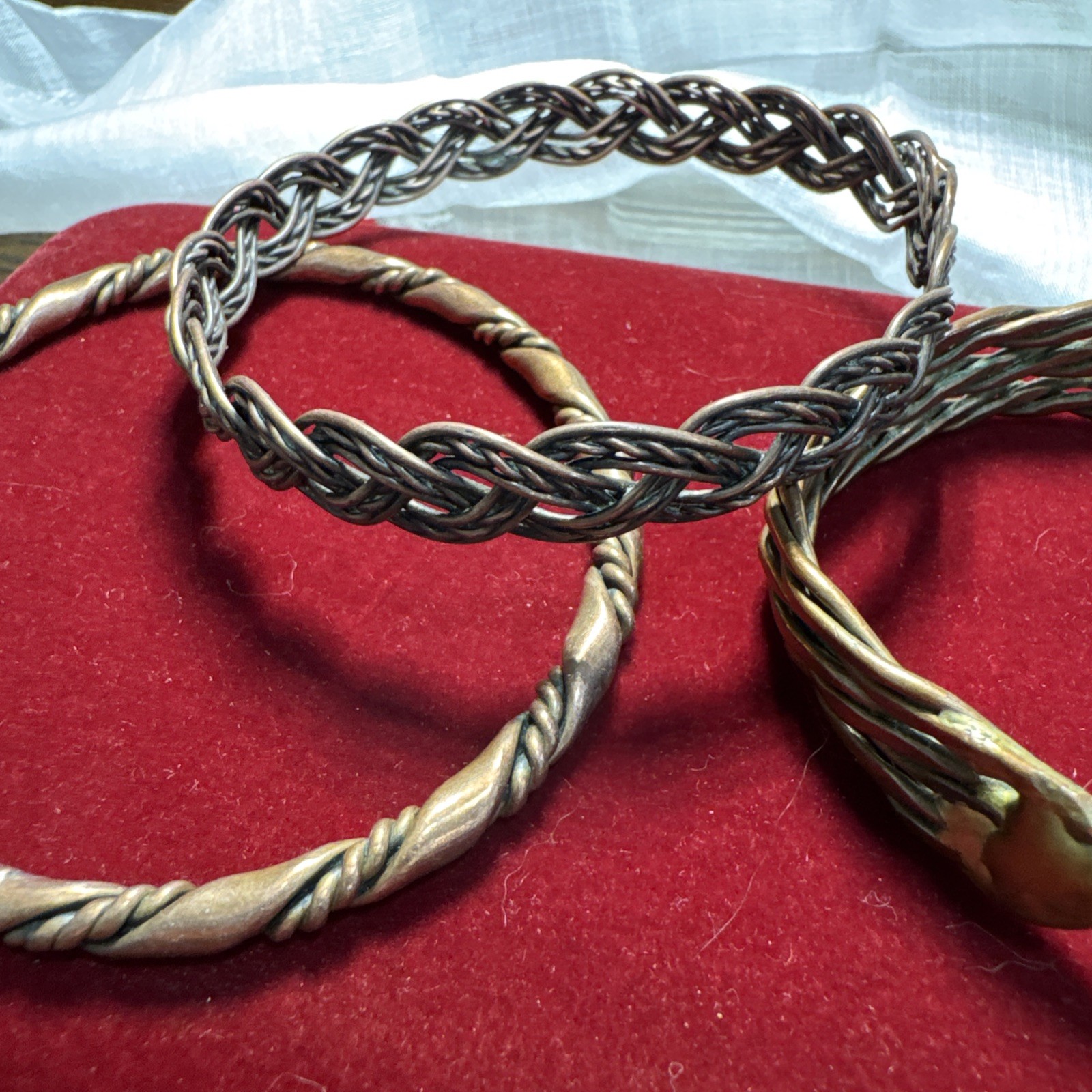 Vintage Copper Cuff Bracelet Set 3 Stackable Braided Woven Bangle