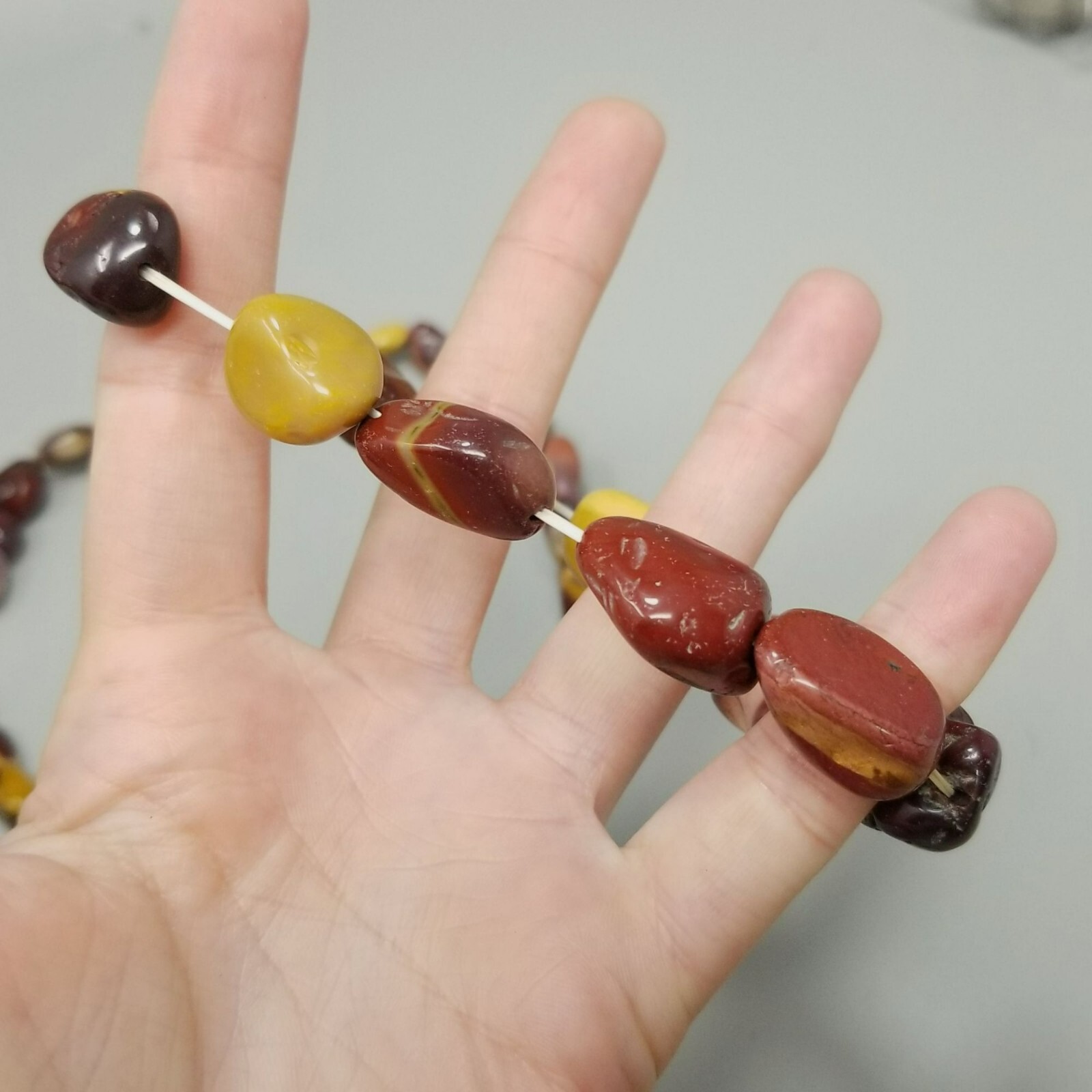 Vintage Red Yellow Stone Beaded Set 16 Inch Necklace Stretch Bracelet