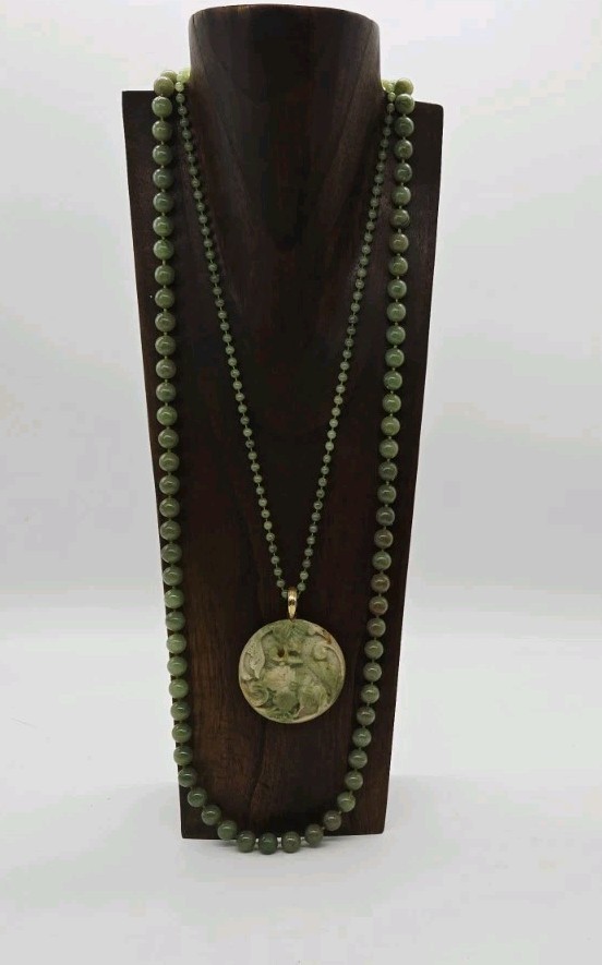 Chinese Jade Green Hand Carved Pendant Statement Necklace Layered two Row 25 in