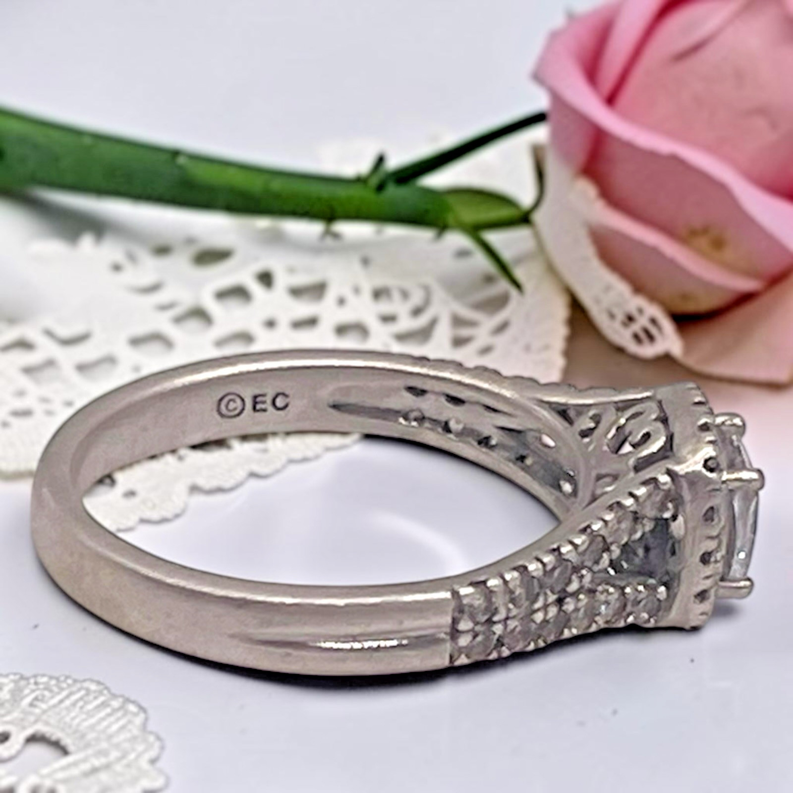 Vintage EC 925 Sterling Silver CZ Halo Accent Split Shank Ring, size 7