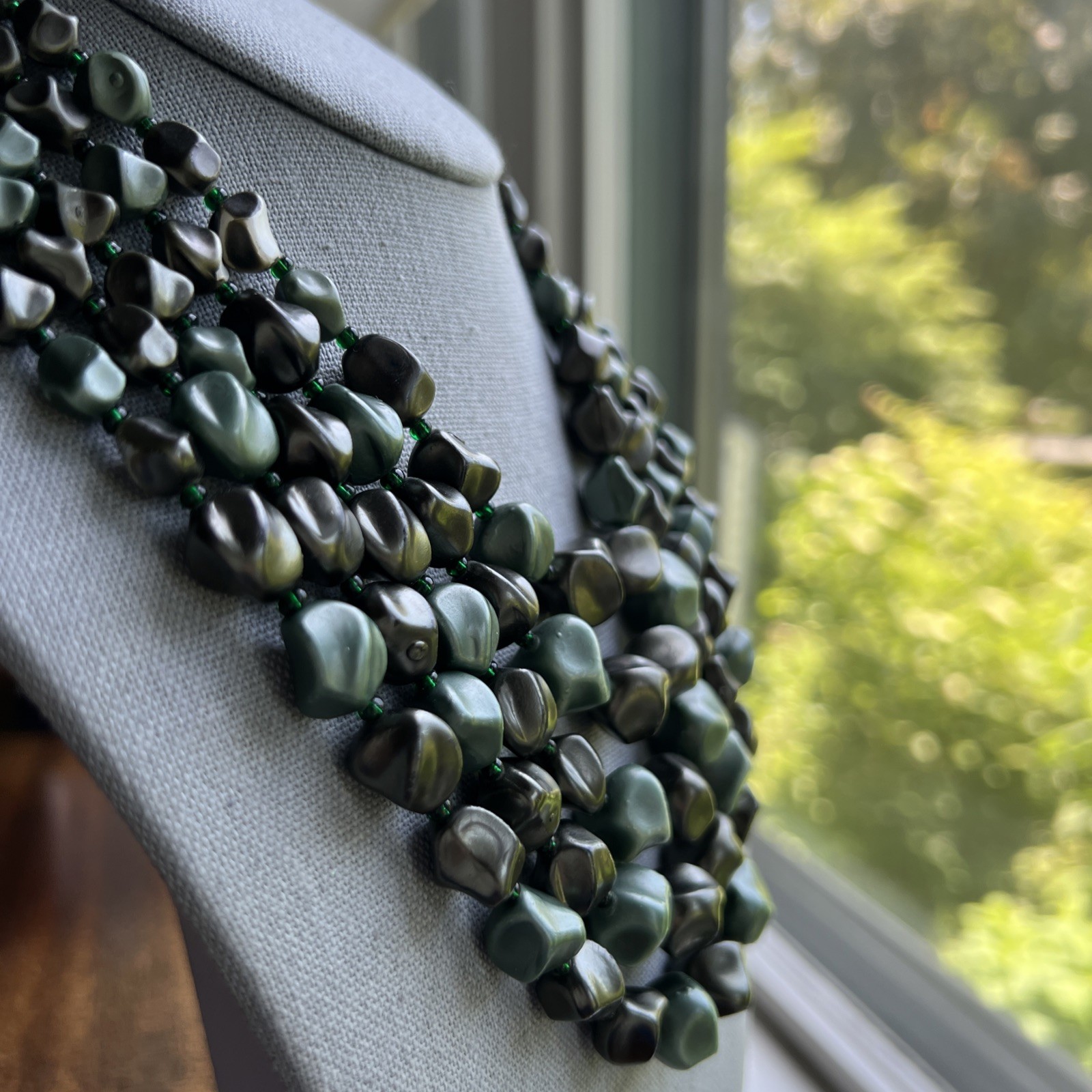 Rare Vintage 5 Strand Faux Stone Gray-Green Necklace; Beautiful!