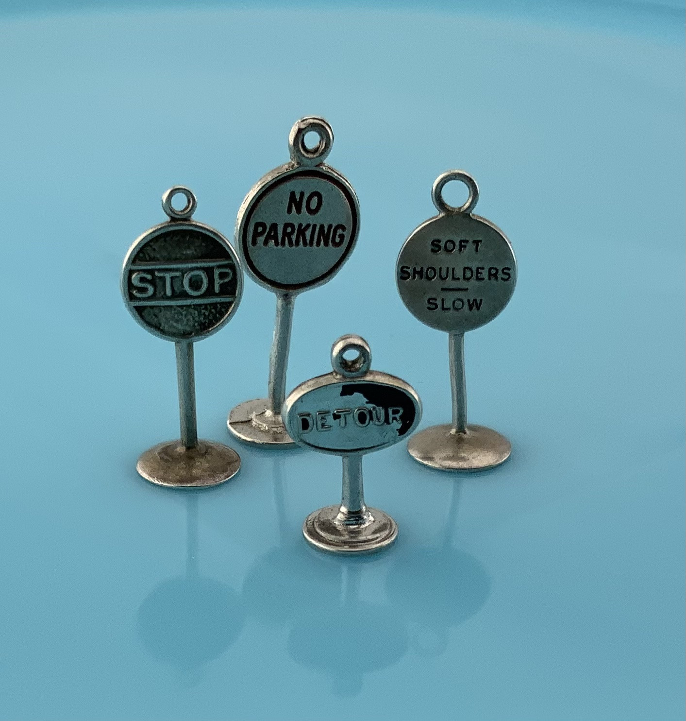 Vintage Sterling Silver Double Sided Stop Enamel Detour Street Sign Charms 4