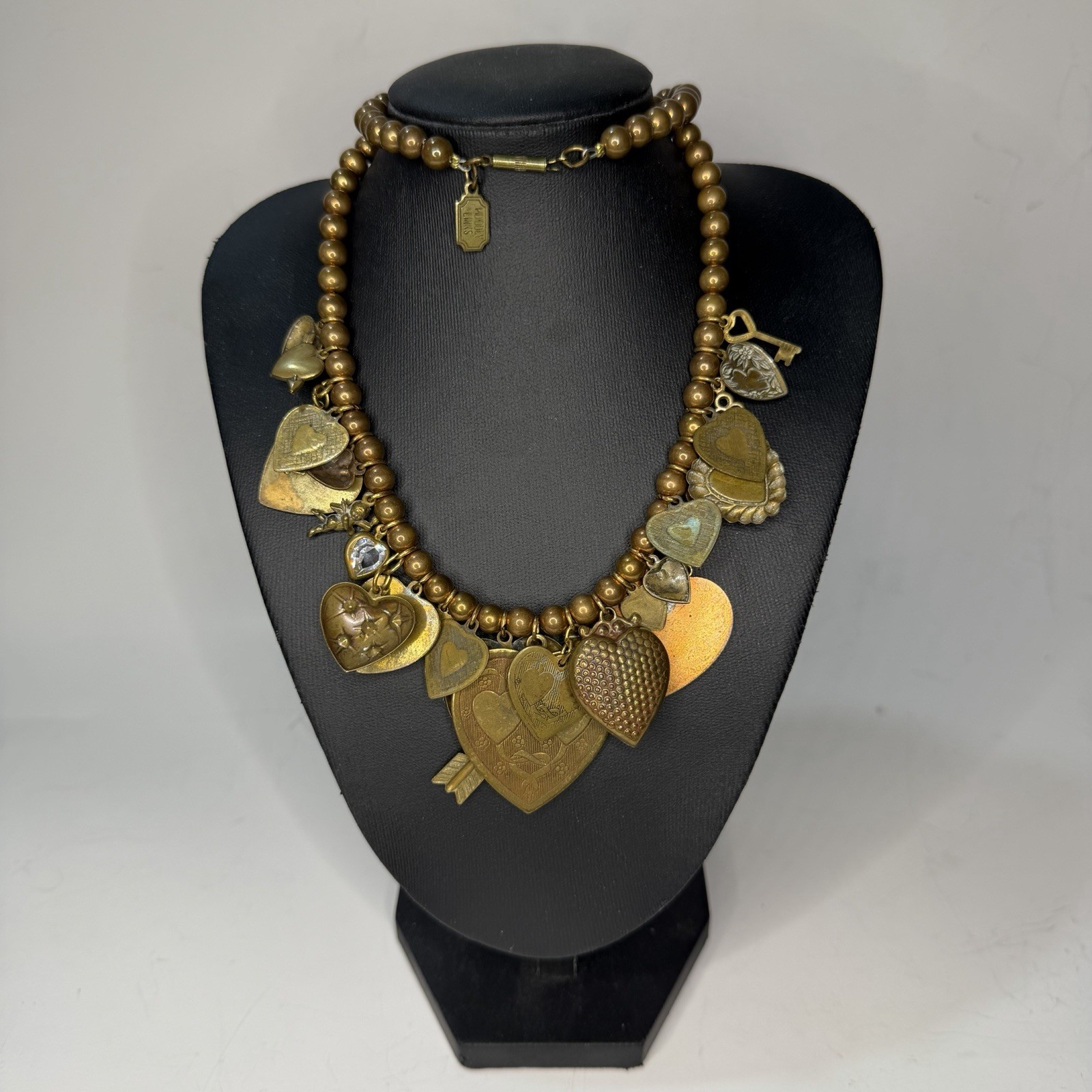 Vintage Pididdly Links Brass Bead Dangling Heart Cherub Key Charm Necklace 20in
