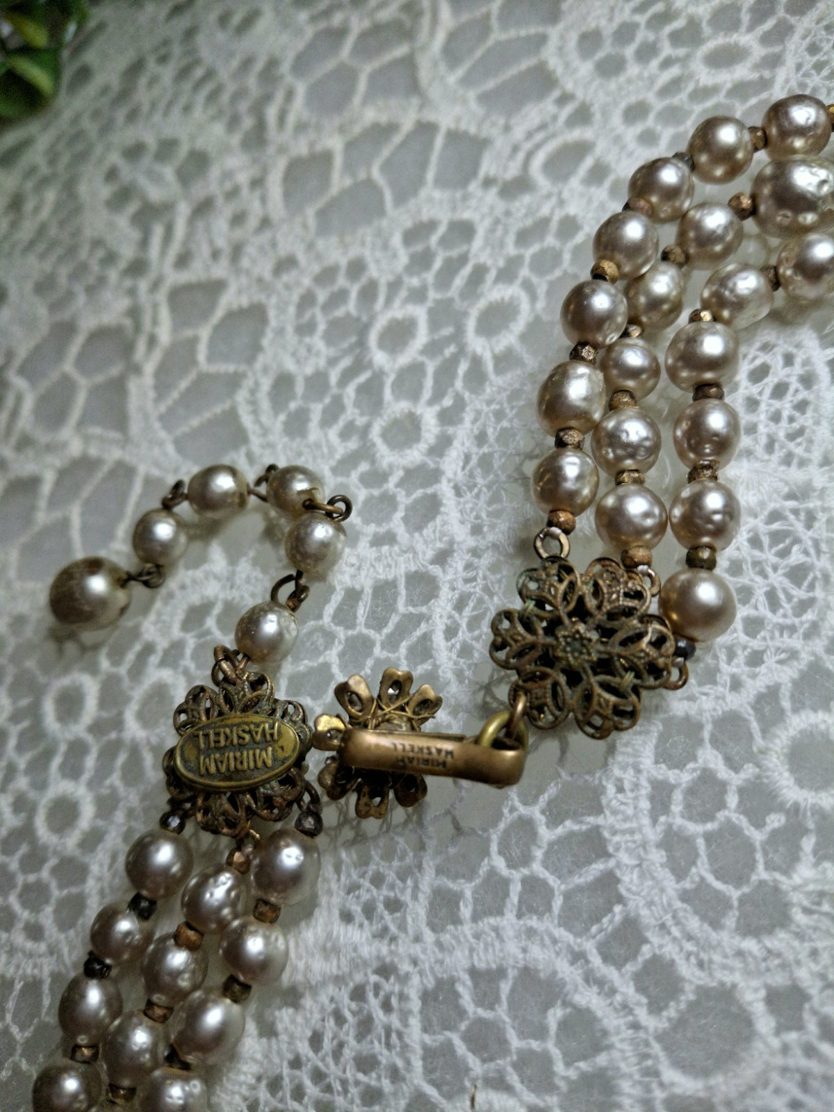 Early Signed Miriam Haskell 3 Strand Silver Niki Baroque Pearl Necklace