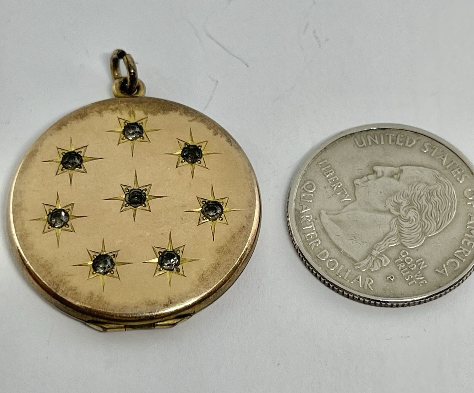Antique Art Nouveau Rolled Gold Stars Round Locket Pendant with 8 Paste Stones