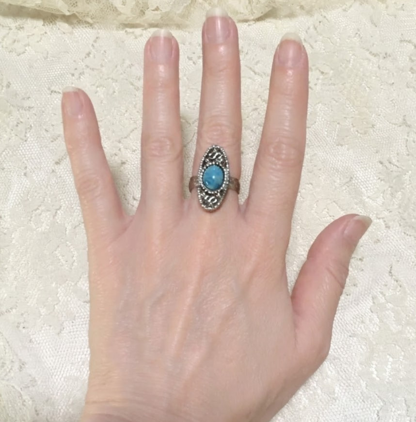 Vintage Sarah Coventry Blue Cabochon Stone Ring Long Oval Silver Tone Adjustable