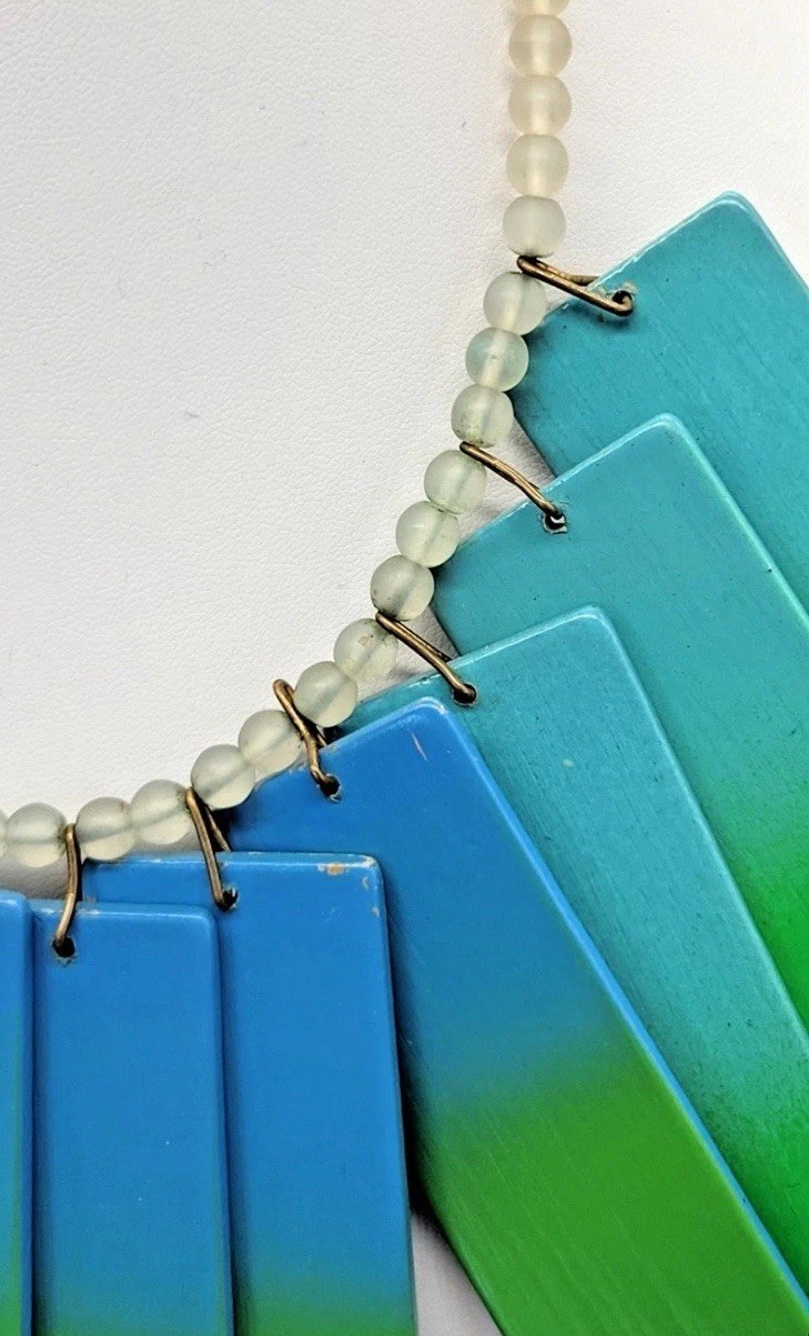 Vintage 1980s Bright Neon Bib Wood Necklace and earrings set Marked