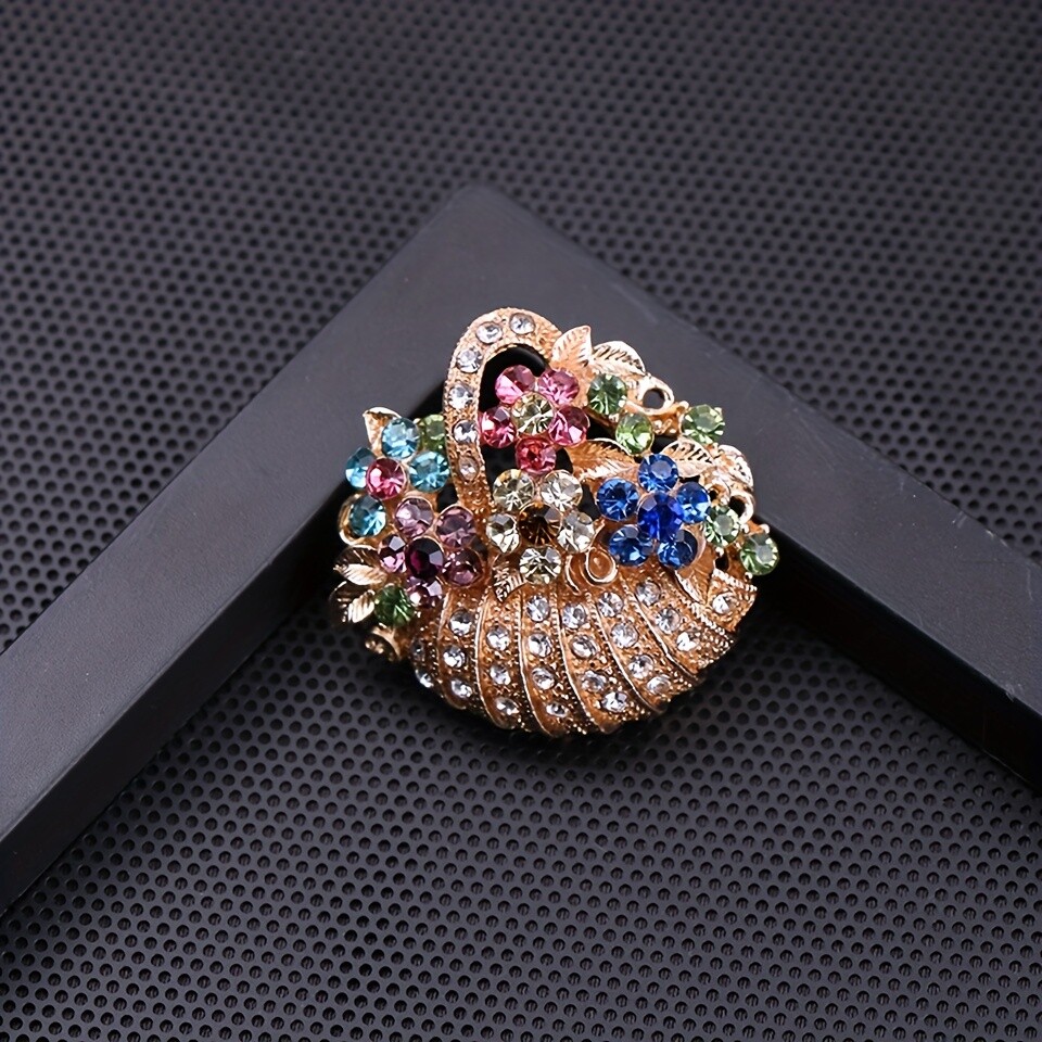 Vintage Gold and Silver Flower Basket Bouquet Rhinestone Crystal Brooches Pins