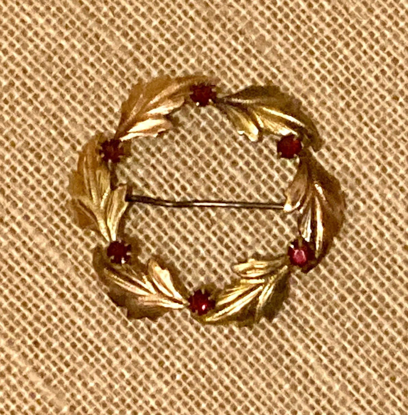 Vintage Gold Filled Brooch Leaf Wreath Red Rhinestone Signed CT
