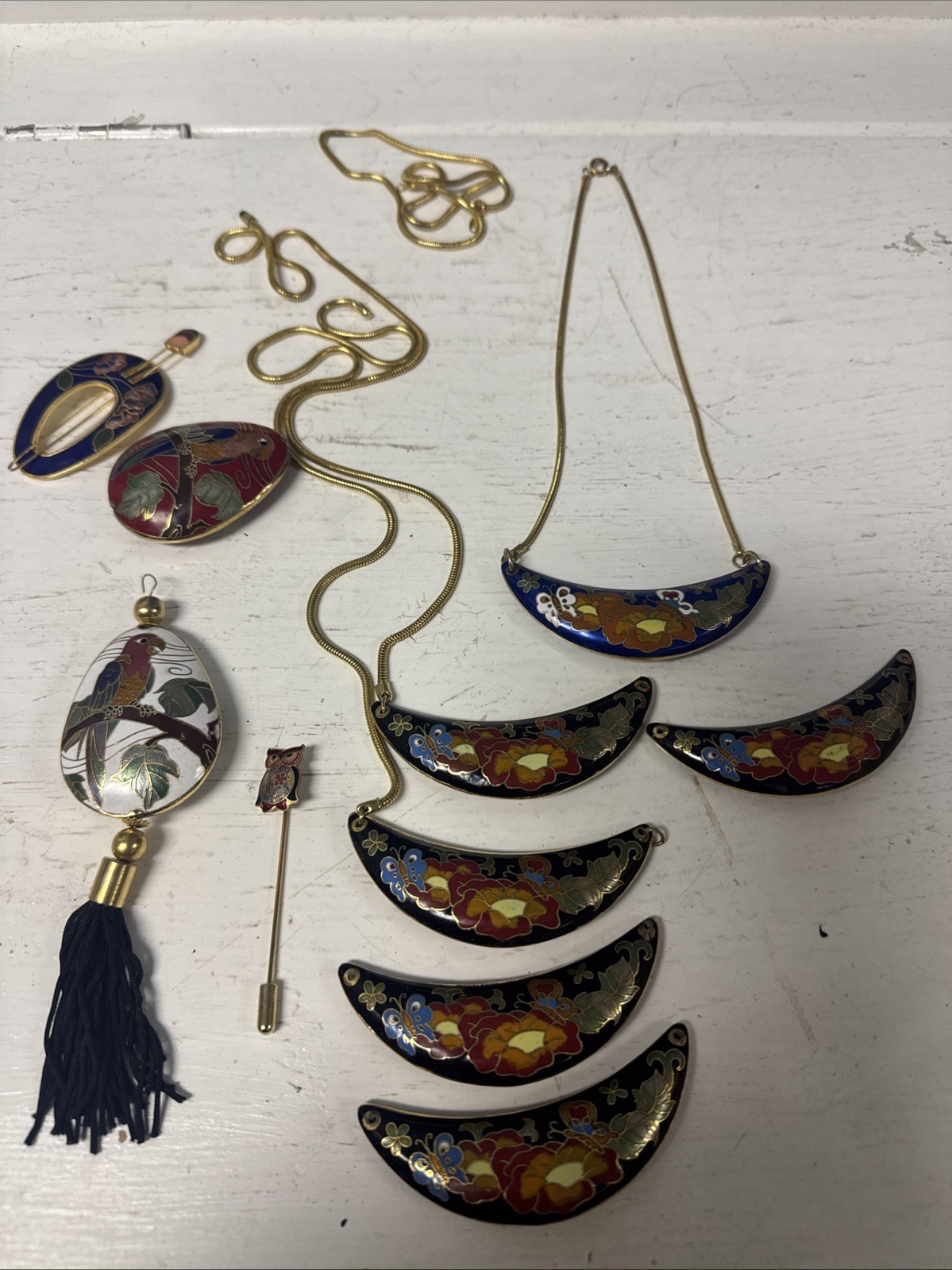 Lot Vintage Cloisonne Round Pendant Gold Cord Necklace Bib Pennant Hair Pin +