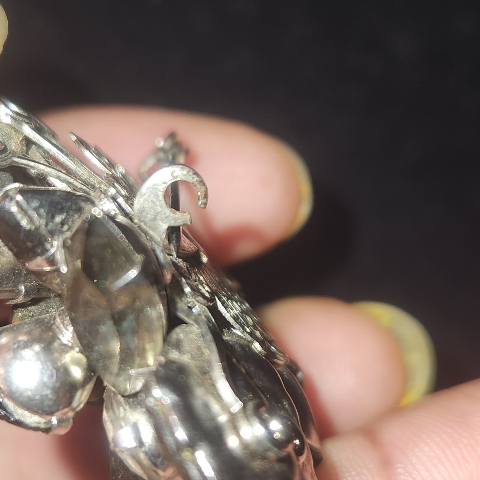 Vintage Rhinestone Flower Brooch Silver Tone Floral Pin smoky gray