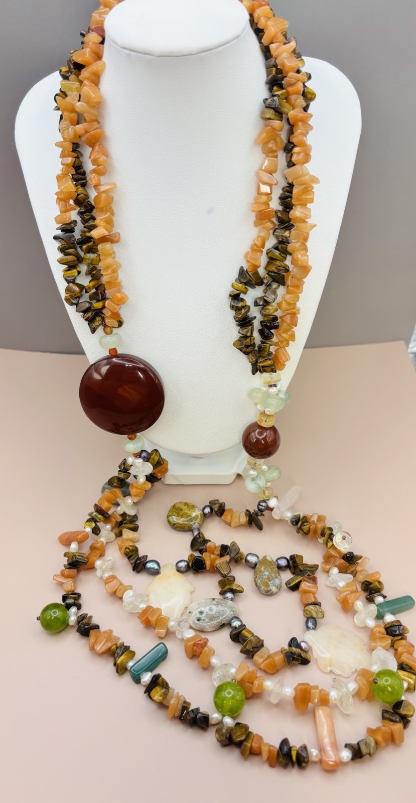 Vintage Natural Gemstone Multi Strand Boho Tigers Eye Carnelian Pearl 28”