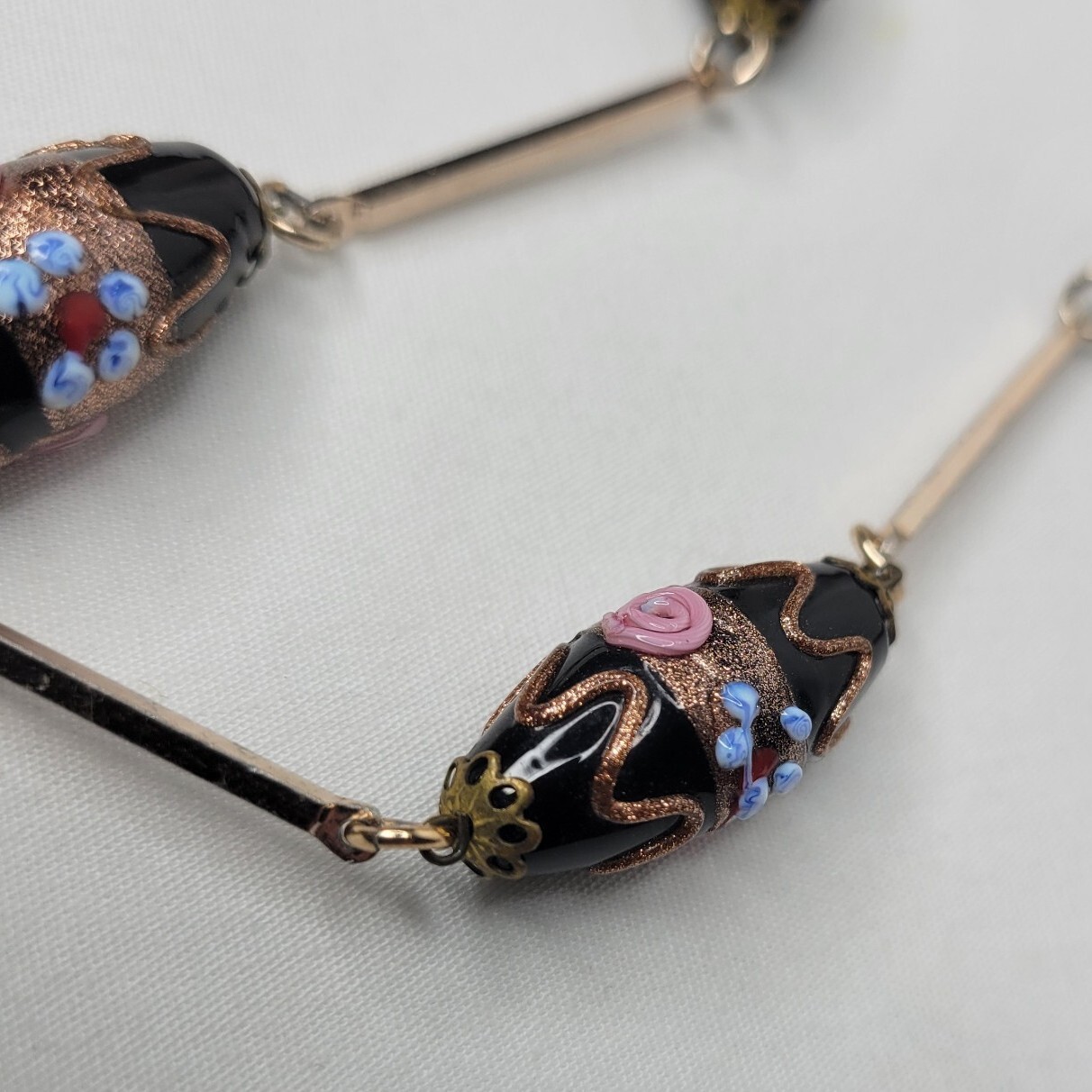 Vintage Venetian Glass Beaded Necklace Black Pink Blue Lampwork Beads Gold Tone