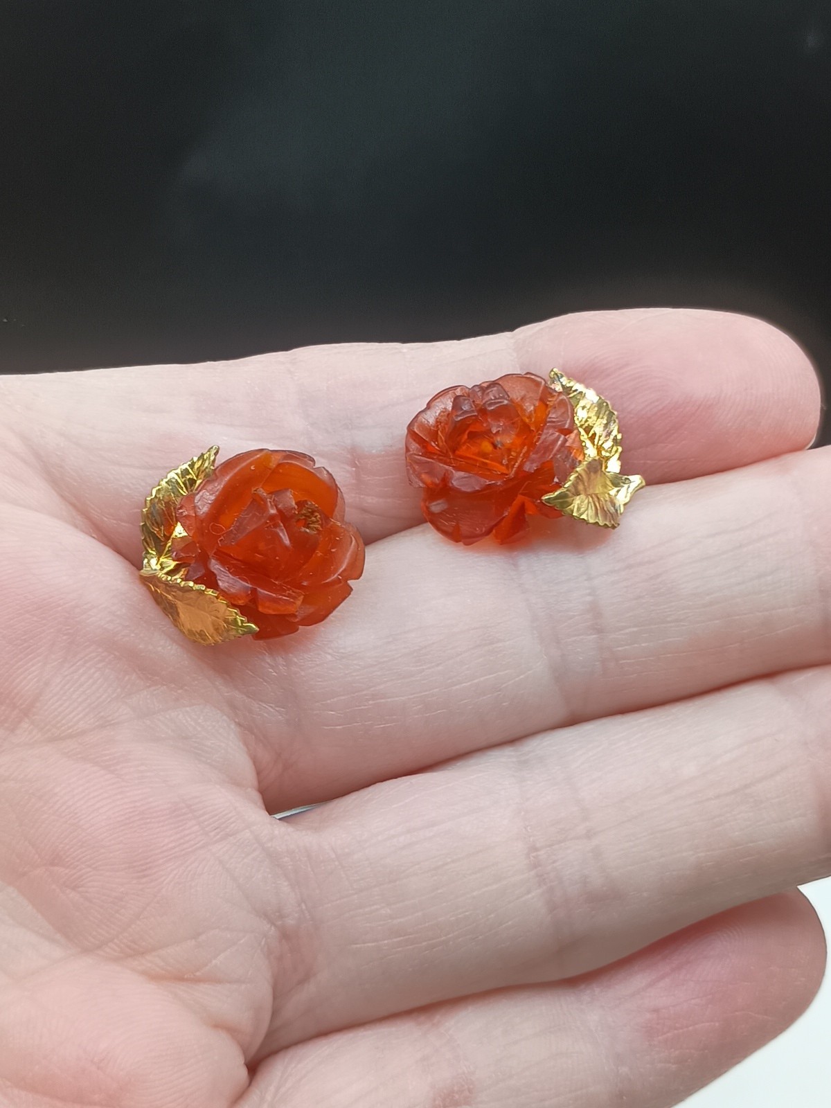 Amber Guild Earrings Stud 1/20 12K GF Gold Filled Rose Carved Amber .75”