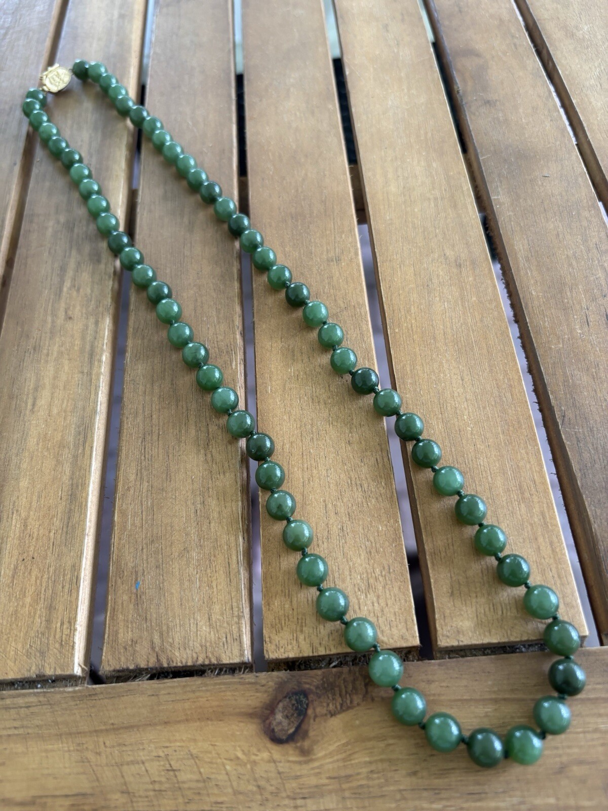 Jade Jadite 65 Bead Necklace Hand Knotted Gold Over 925 Clasp 1970 MCM Green 24”
