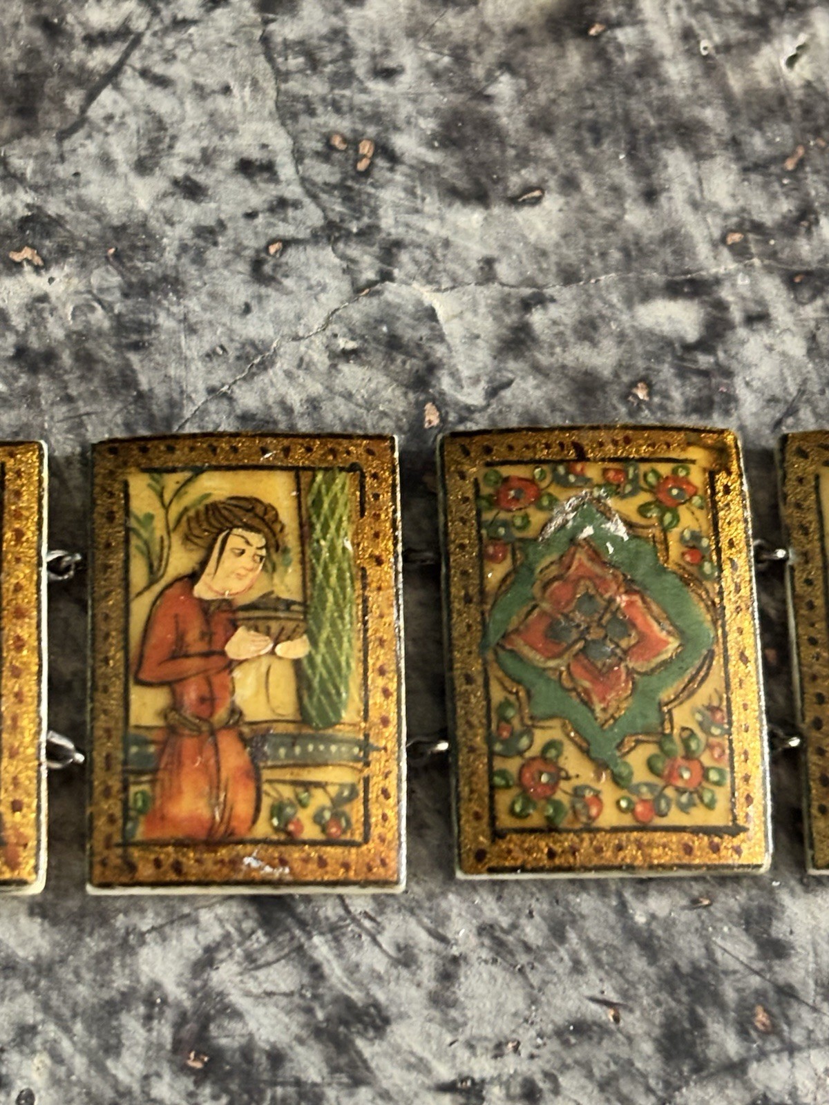 Antique Persian Hand Painted 8-Panel Story Bracelet on Bone Pin & Barrel Lock