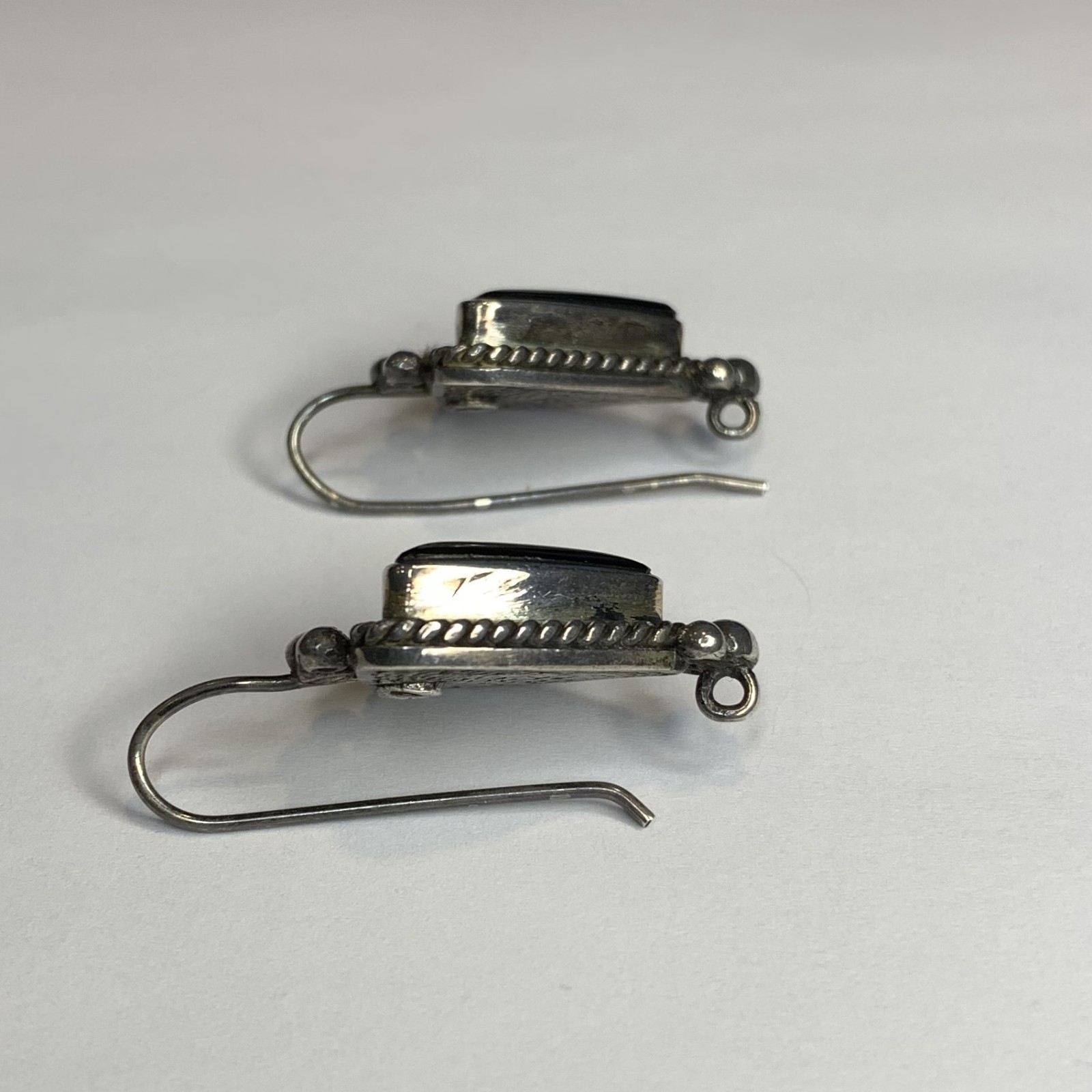 Vintage Handcrafted Sterling Silver Black Onyx Hook Earrings Southwest