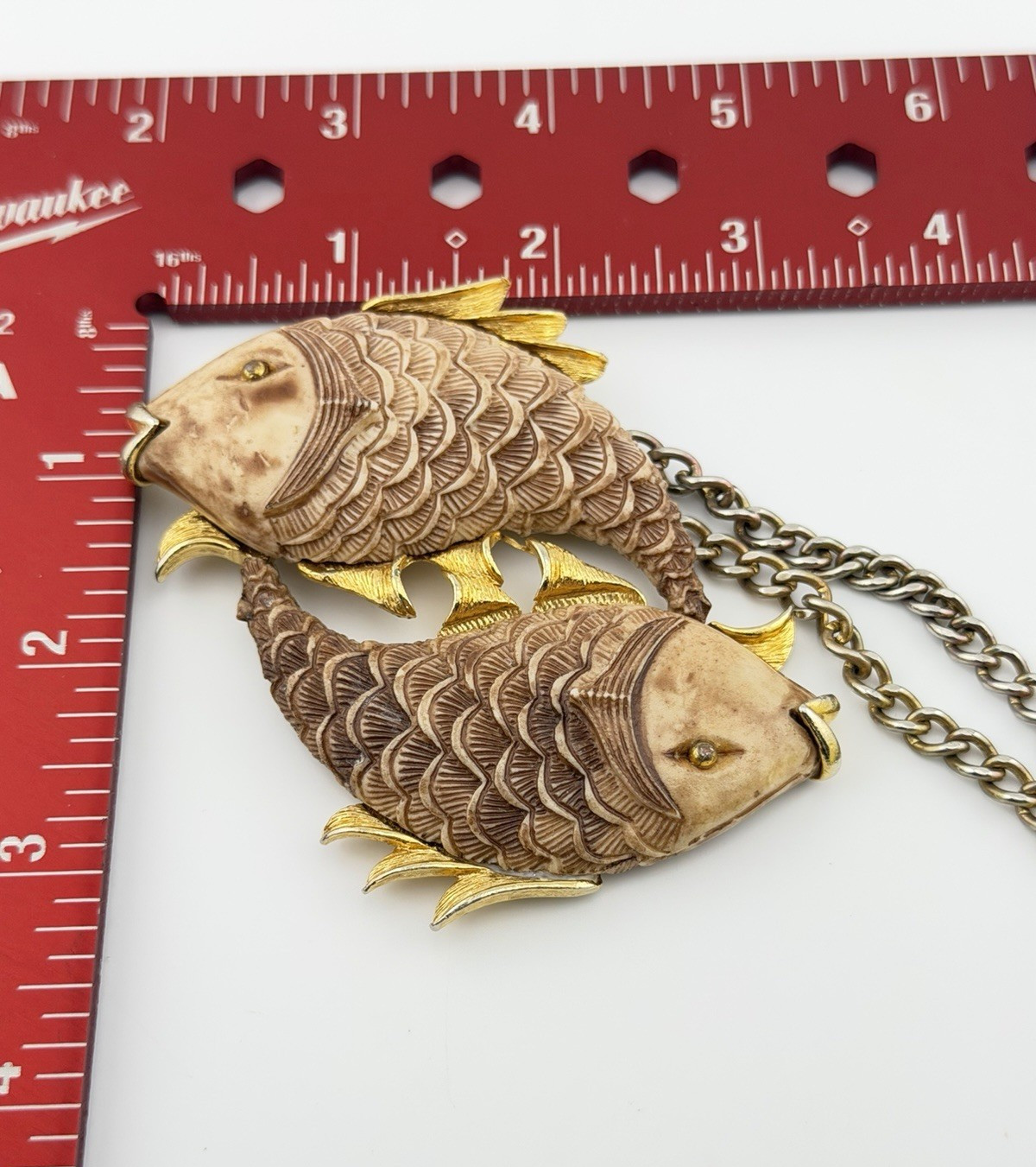 Vintage Razza Double Fish Necklace Carved Resin Faux Bone Gold Tone Large Pisces