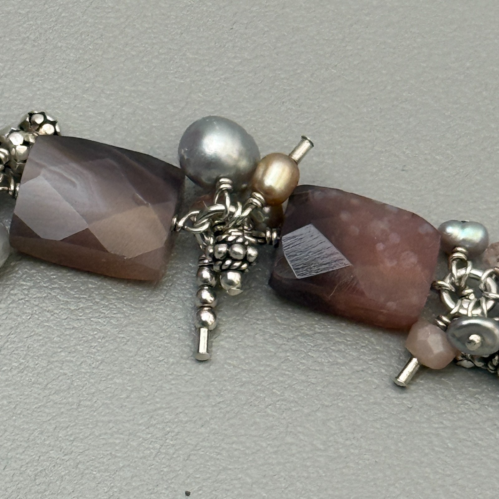 Artisan 925 Sterling Silver Banded Agate Pearl Bracelet Toggle Clasp 7″ Vintage
