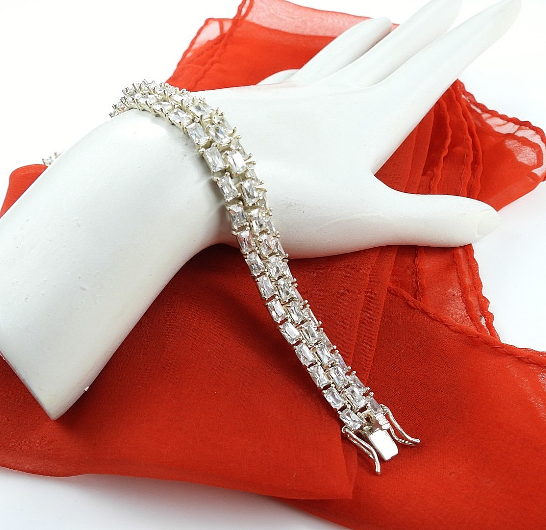 Vintage Sterling Silver 925 Tennis Bracelet Wide Fancy Crystal CZ Bridal 7.5
