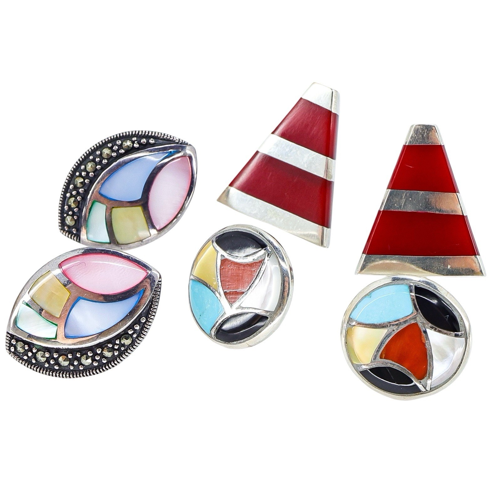 Lot Of 3 Sterling Silver Modernist Stud Earrings W Inlay Multistone Shell Resin