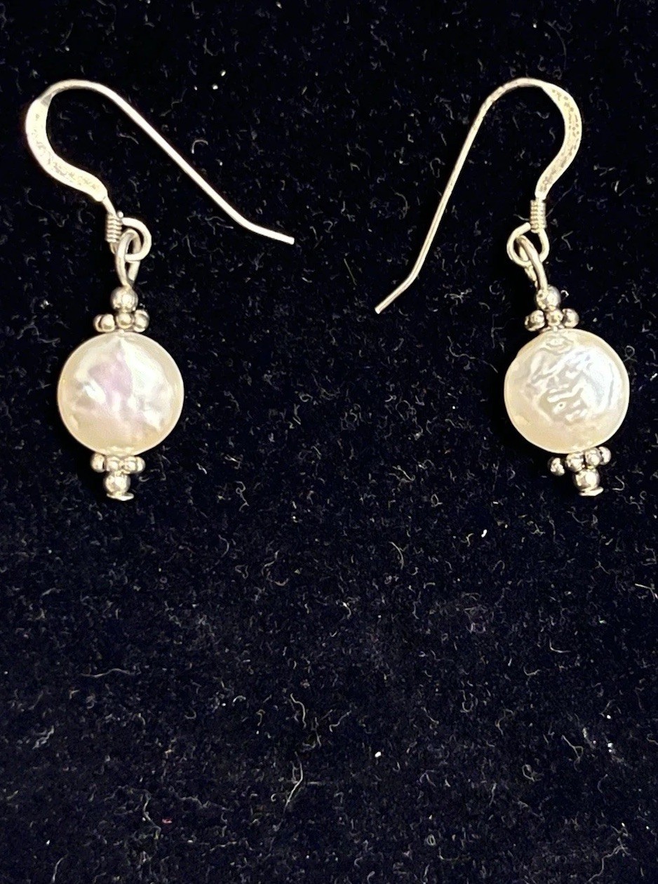 Vintage Freshwater Pearl Drop Dangle Earrings White Button Pearls