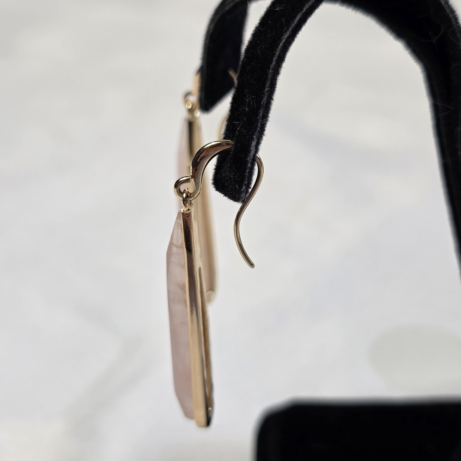 Linear Drop Wire Earrings Elongated Rose Quartz Teardrops in Gold-Tone Metal