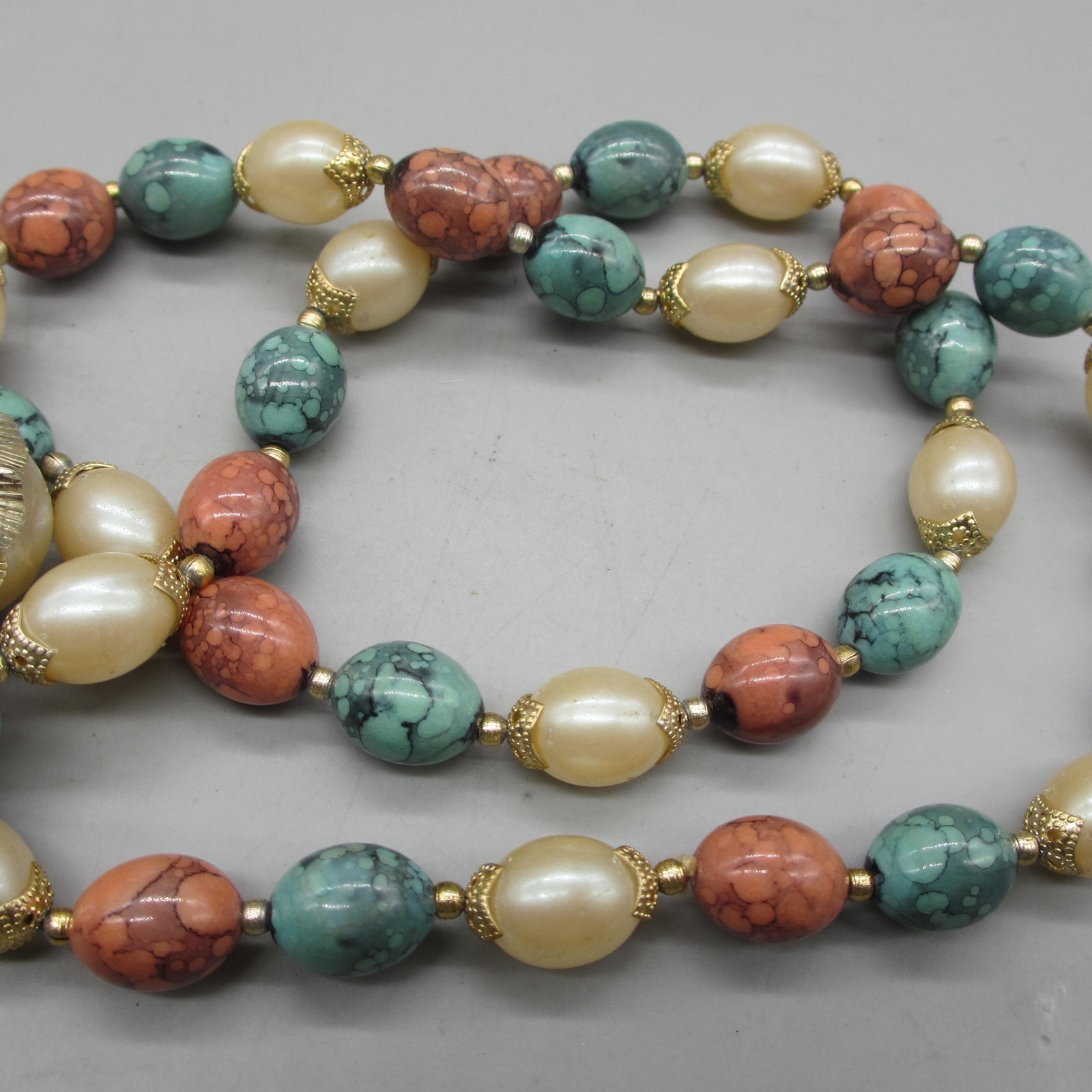 Vintage Hong Kong Necklace Mottled Beads Green Orange Simulated Pearl 19 Inch