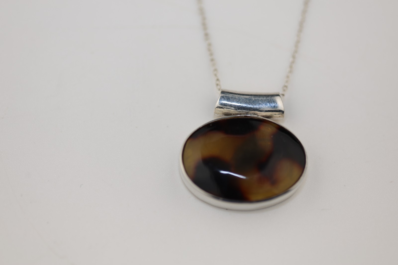 Amber Agate Oval Pendand Necklace Sterling Silver