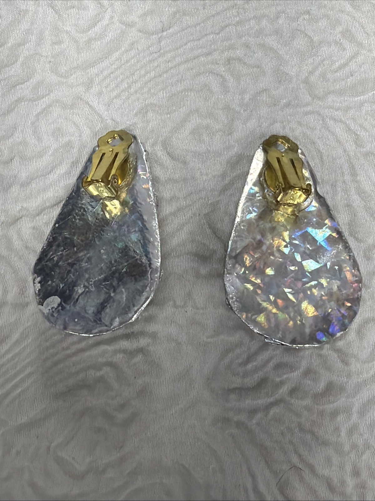 Vintage Artisan Crinkled Metallic Surface Elongated Teardrop Clip on 2”Earrings