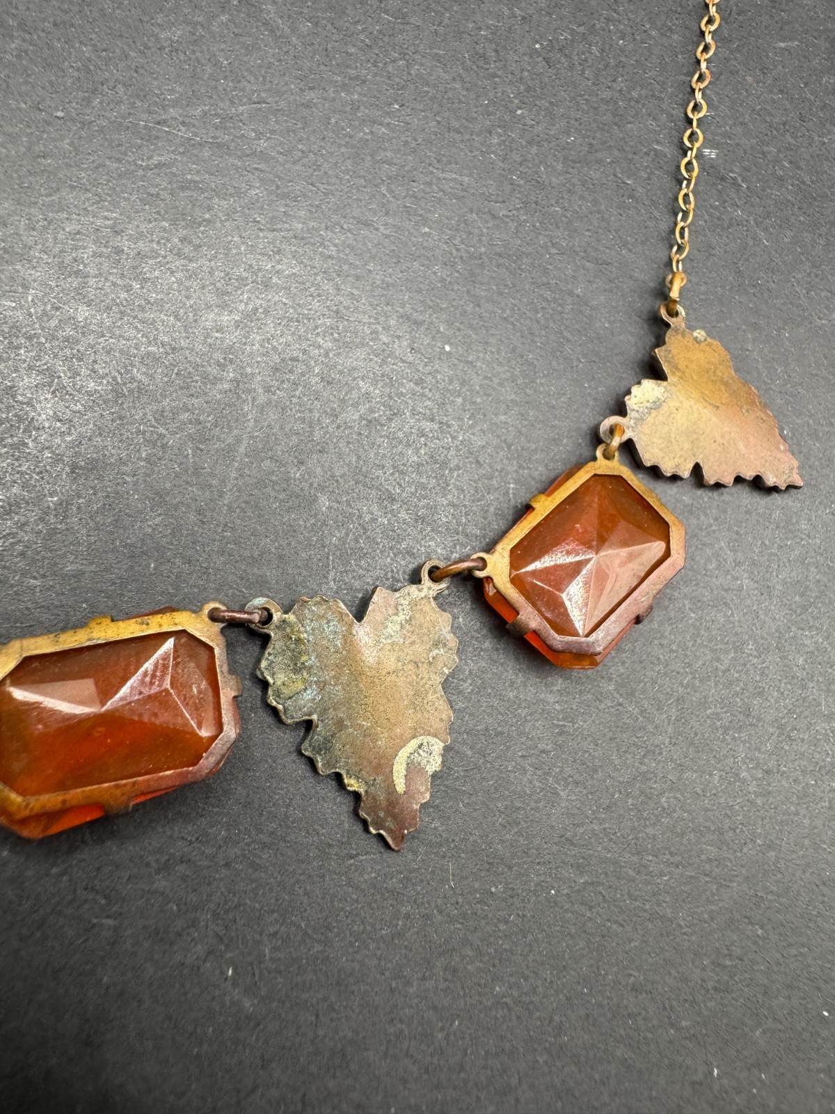 Art Deco Carnelian Glass & Leaf Necklace Brass