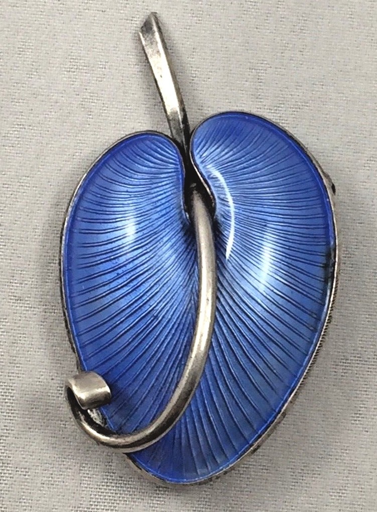 Volmer Bahner Denmark Sterling & Blue Enamel Large Leaf Pin