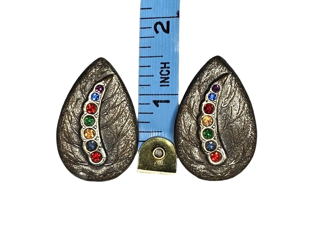 Antique Art Deco Bejeweled Metal Leaf Clip On Earrings | Appr 1.5″L & .75″W
