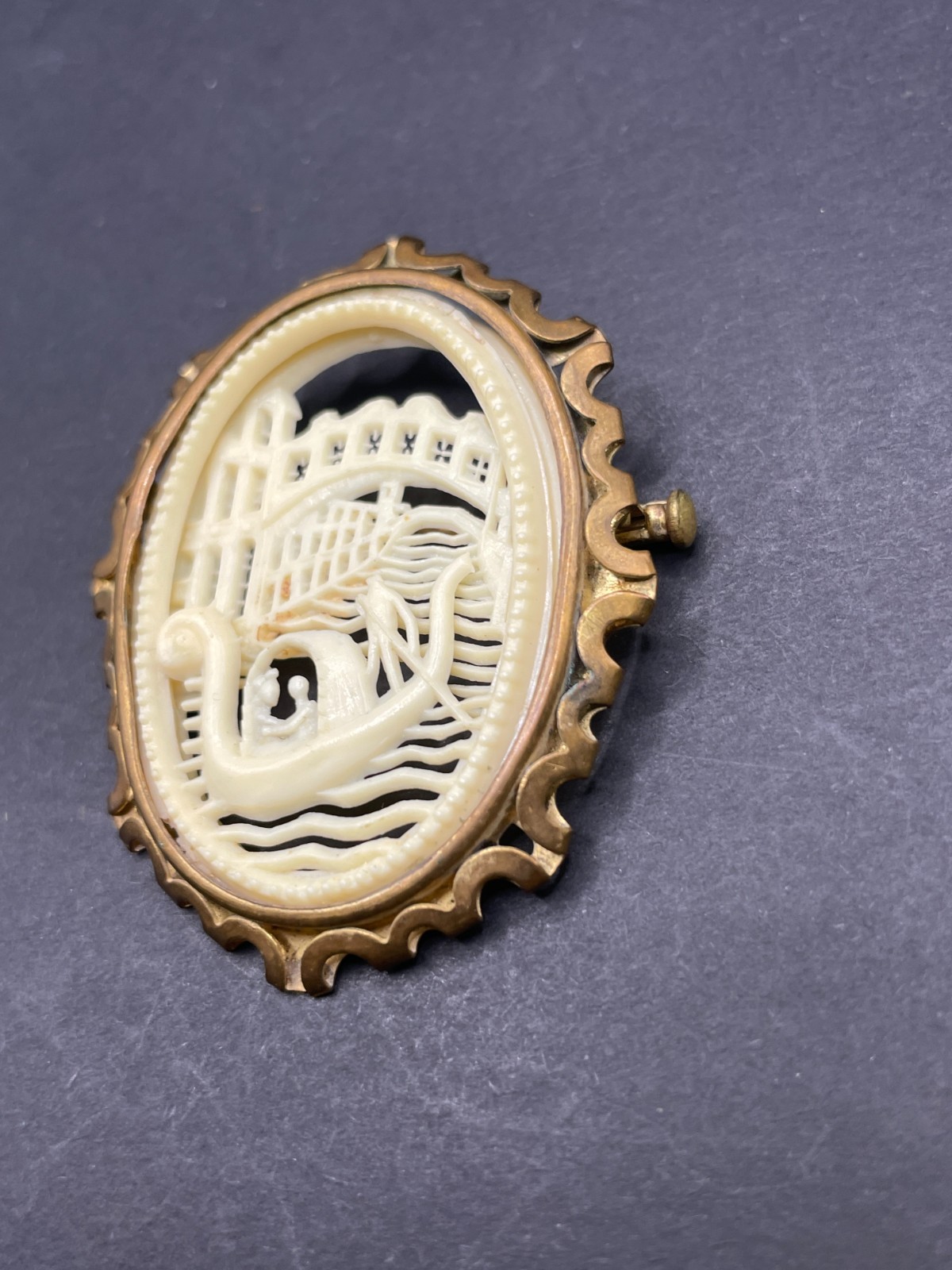 Vintage Art Deco Carved Celluloid Venice Scene Brooch Cameo