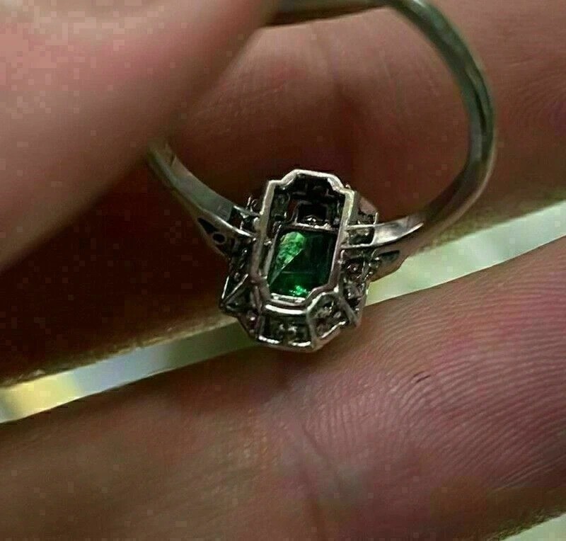 Art Deco Style Green Emerald & Lab Created Diamond 925 Silver Engagement Ring