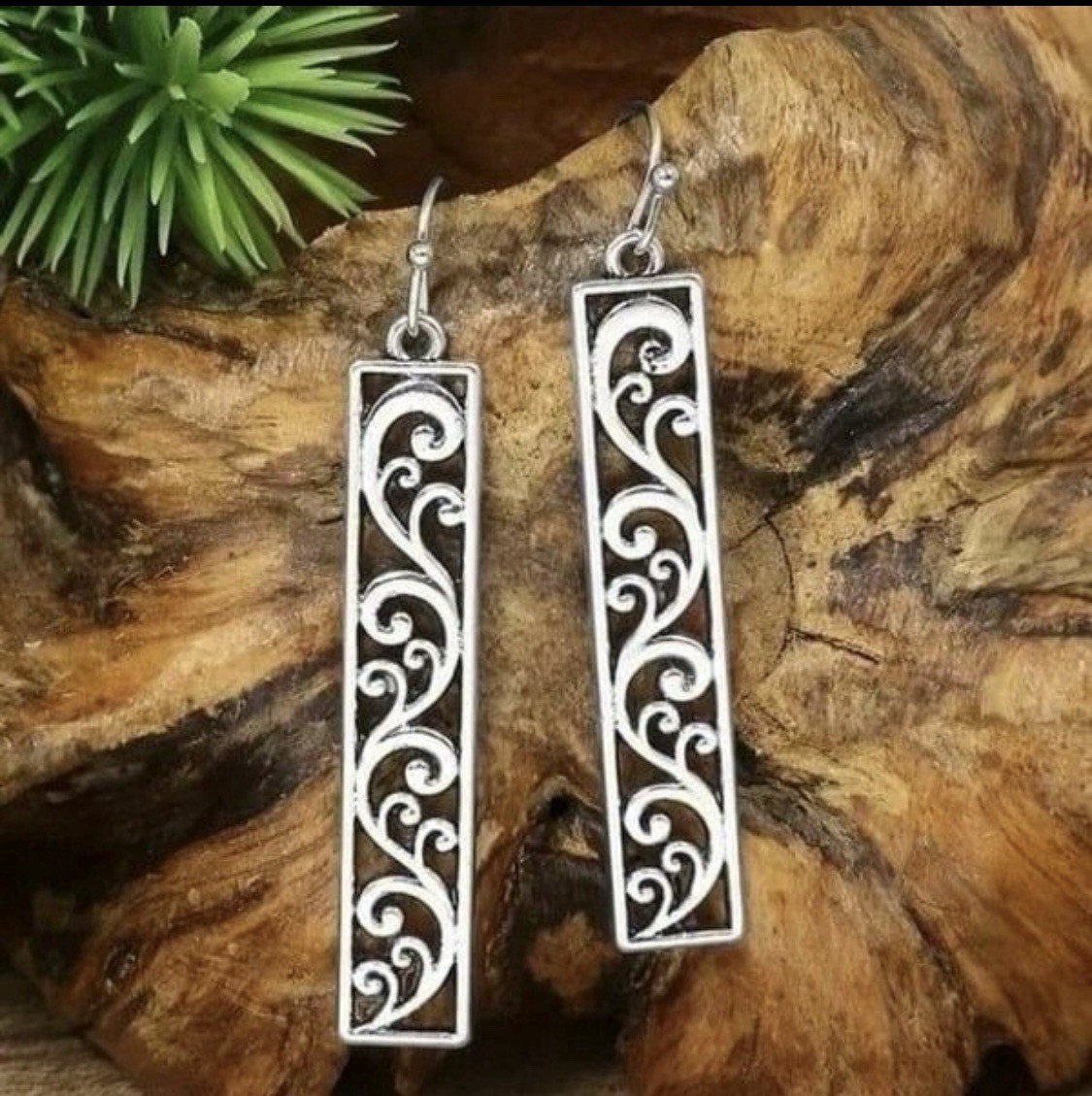 Vintage-Style Silver Tone Carved Pattern Dangle Earrings 2 Inches Zinc Alloy