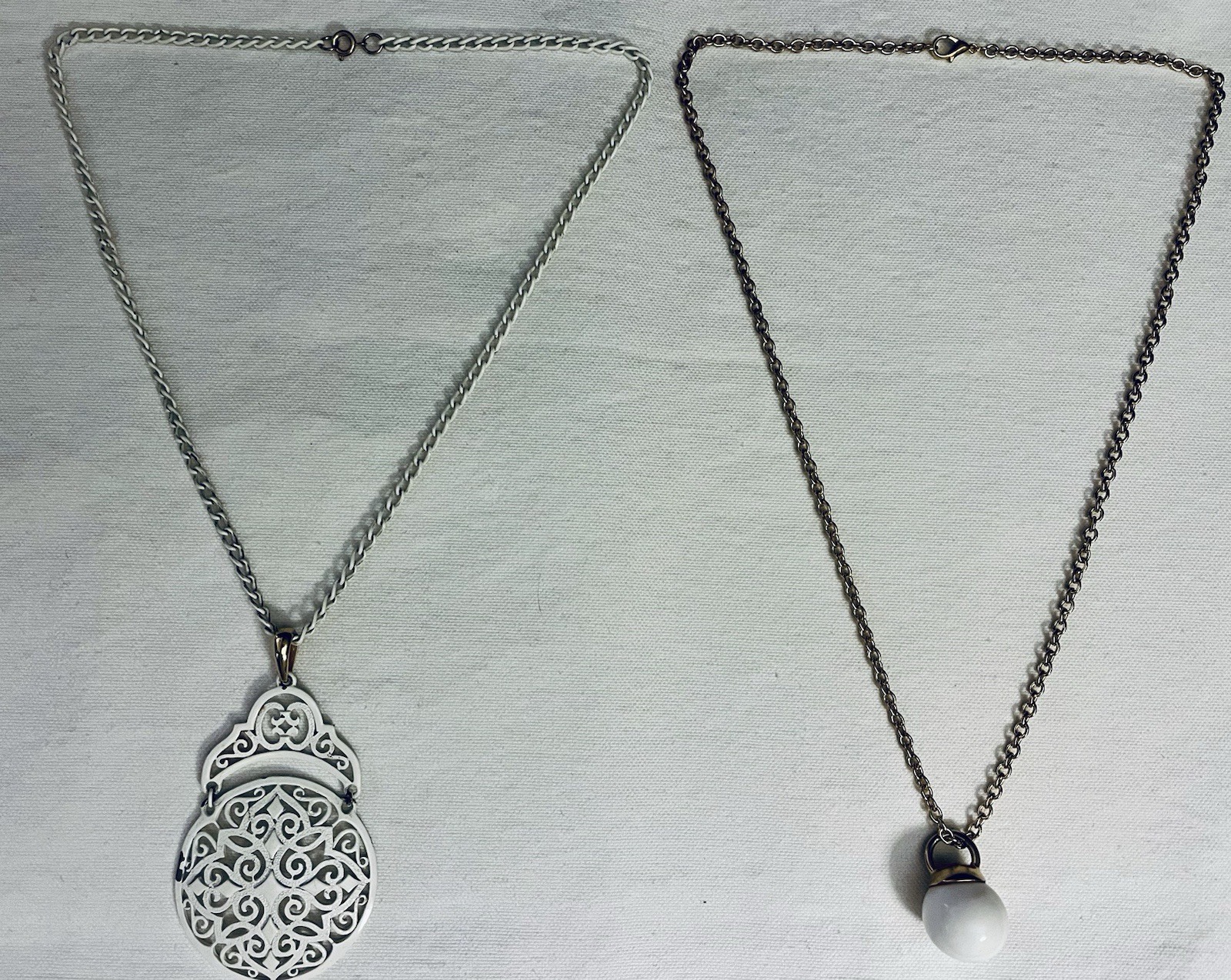 Lot 2 Vintage Longer Necklaces White Gold Tone Scroll Kettle Ball Style Pendant