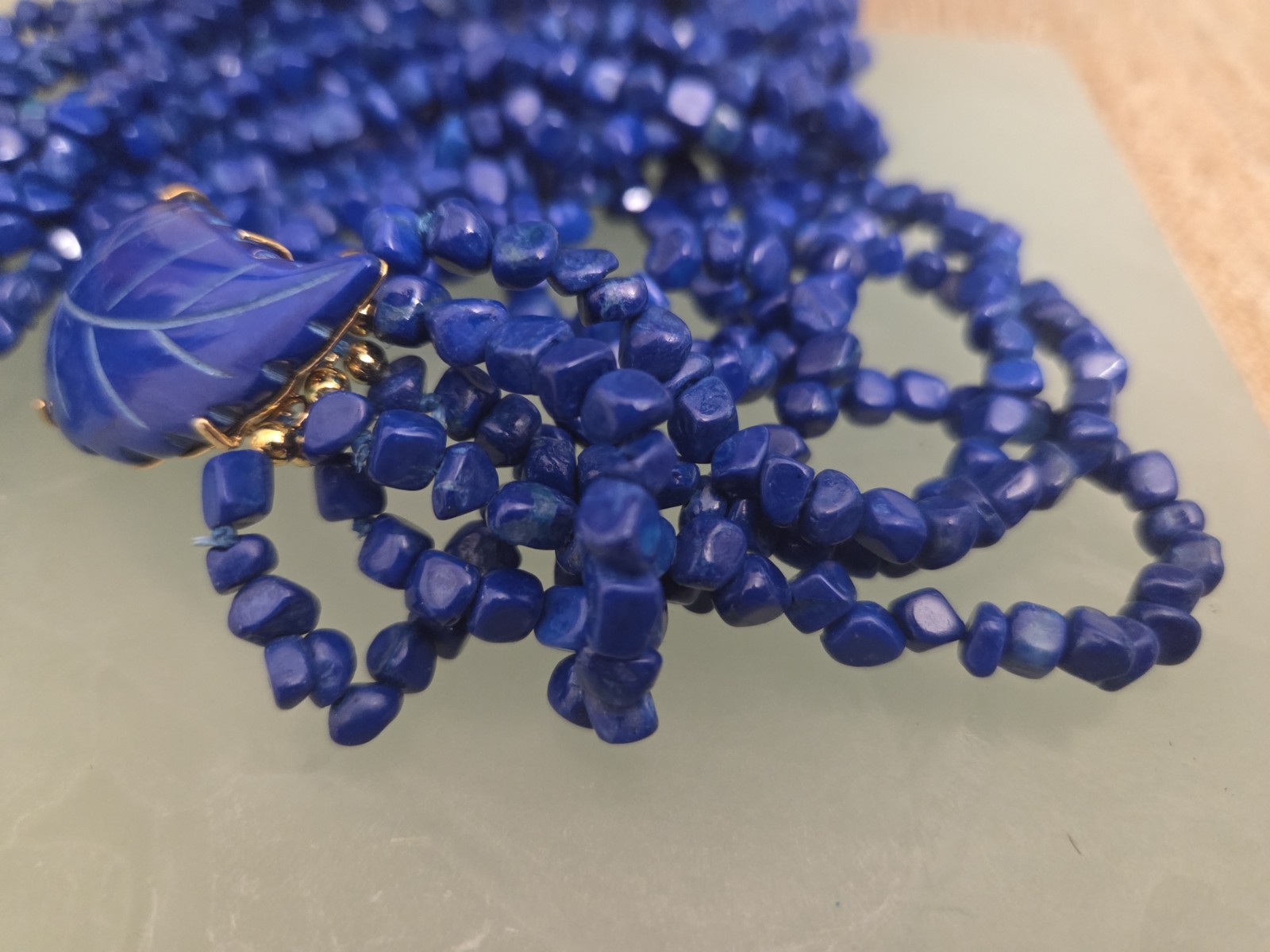 Vintage Multi Strand Necklace & Earrings Blue Lapis Lazuli Stone Carved Leaf