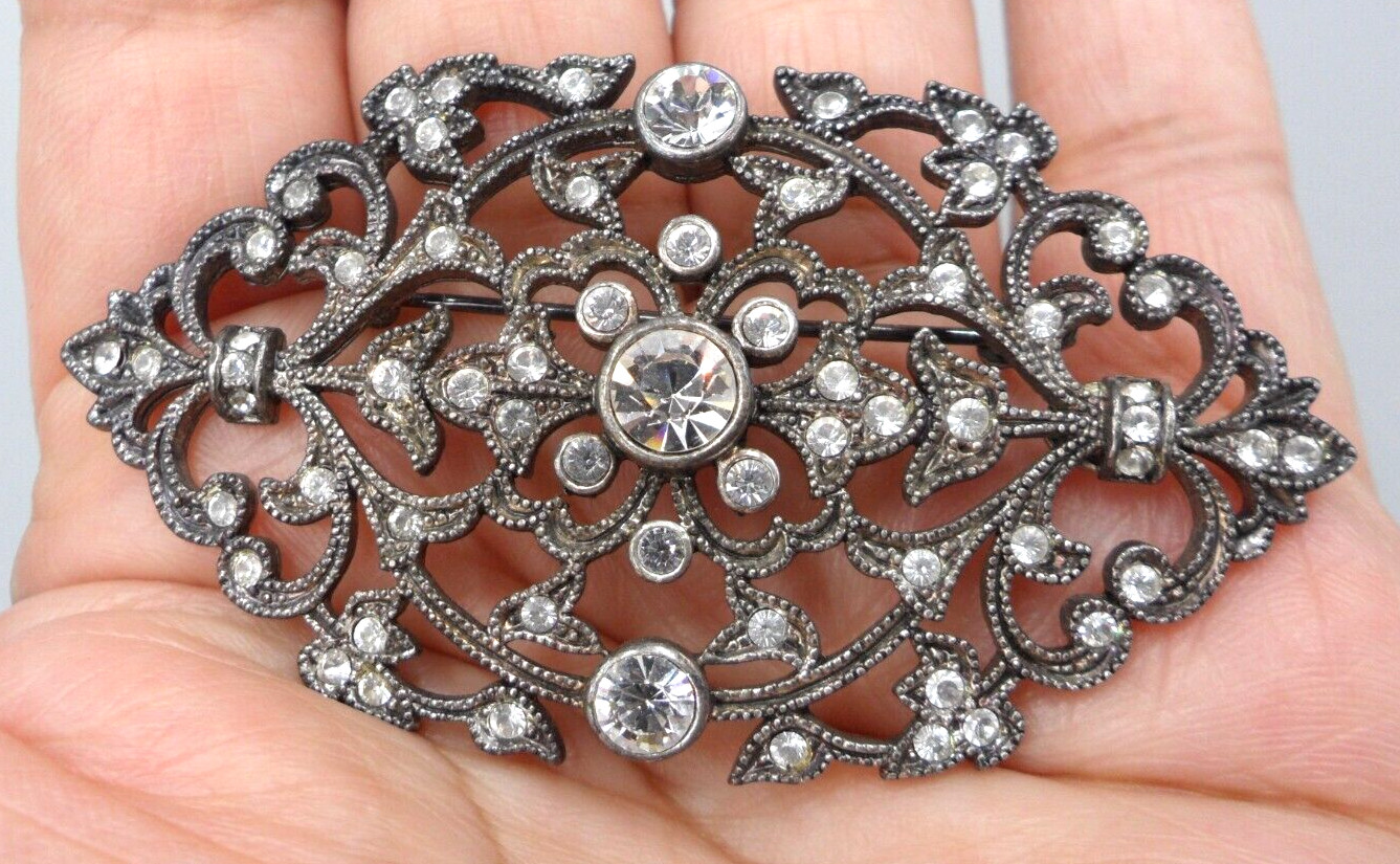 Filigree Brooch Rhinestone Floral Tulip Victorian Edwardian Medieval Titanic EUC
